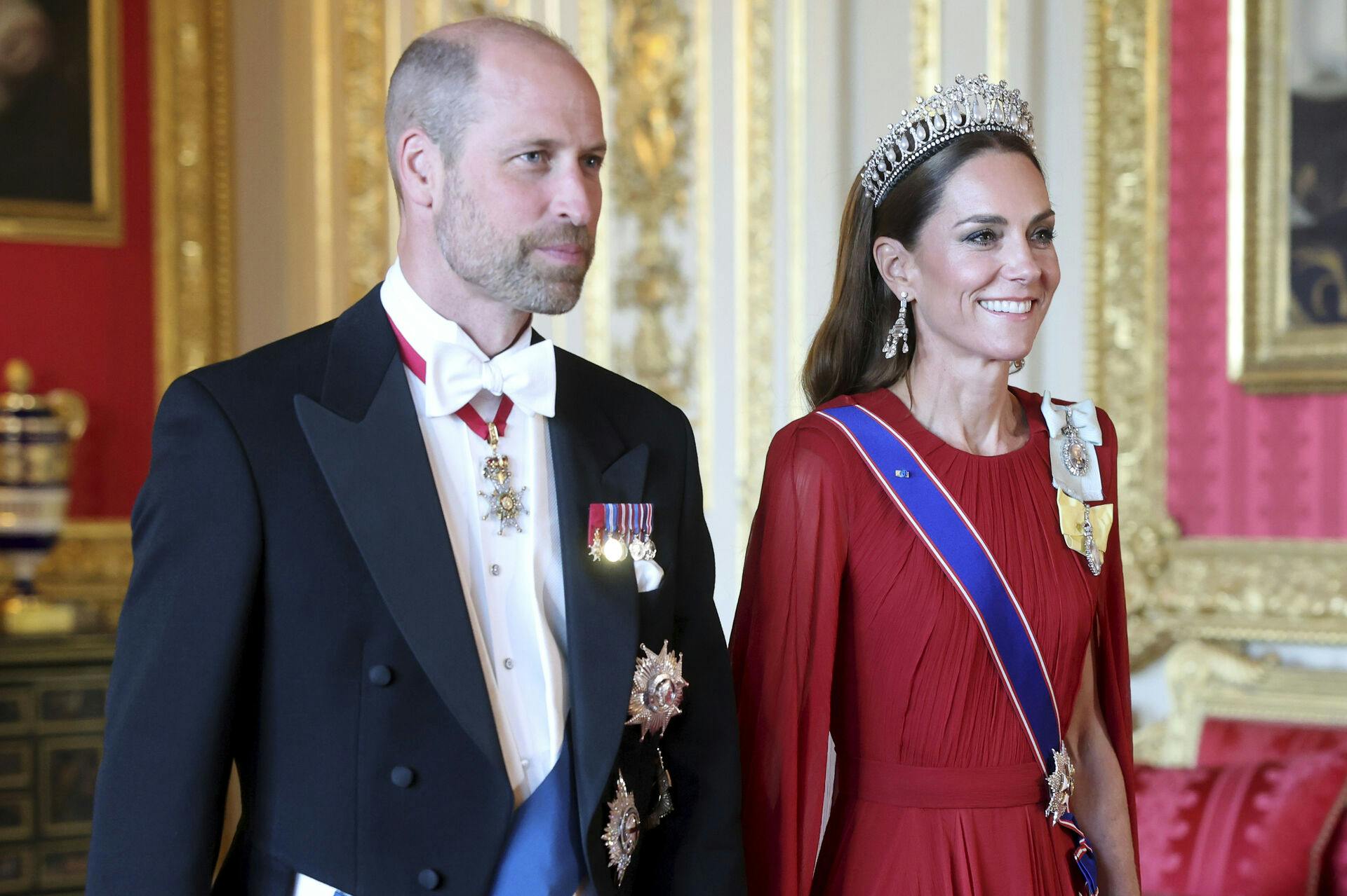 Britain's Prince William, and Kate, Princess of Wales attend the State Banquet at Windsor Castle in Windsor, England, Tuesday, July 8, 2025. (Chris Jackson/Pool Photo via AP)