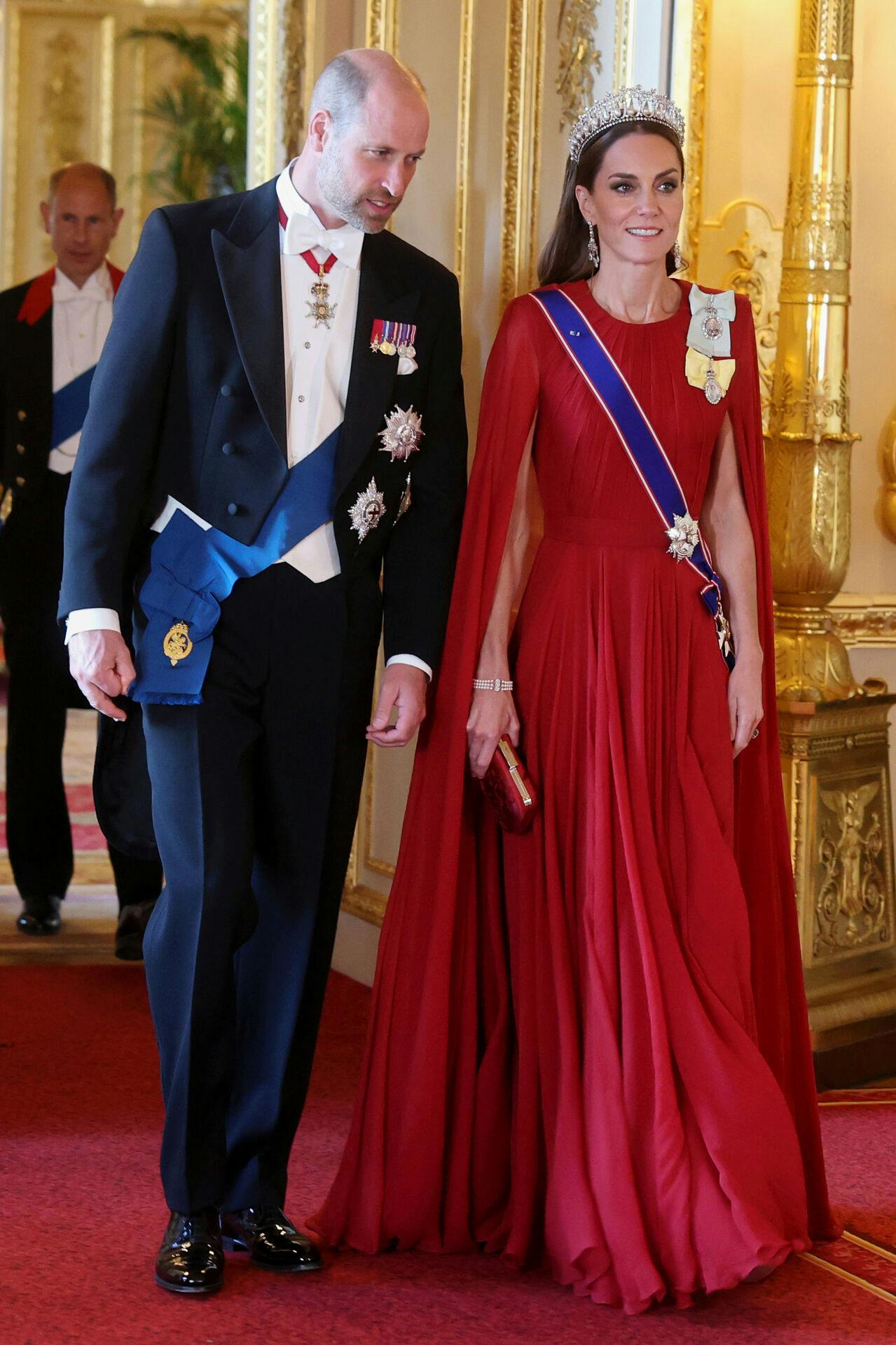 Britain's Prince William, and Kate, Princess of Wales attend the State Banquet at Windsor Castle in Windsor, England, Tuesday, July 8, 2025. (Chris Jackson/Pool Photo via AP)