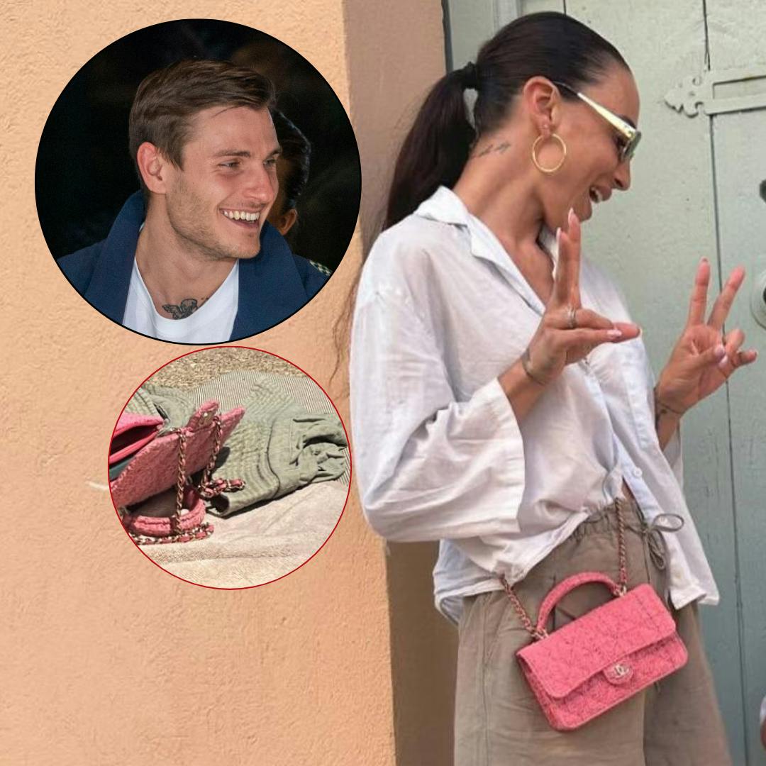 Til højre ses Medina med en lyserød taske. Samme taske er at finde på en story, Malo Chapsal har smidt på Instagram, mens han er på ferie i Grækenland.