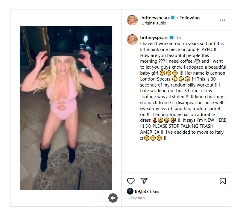 Således så Britneys opslag ud, der i skrivende stund fortsat er tilgængelig på hendes Instagram-profil, men som traditionen tro nok snart bliver fjernet igen.