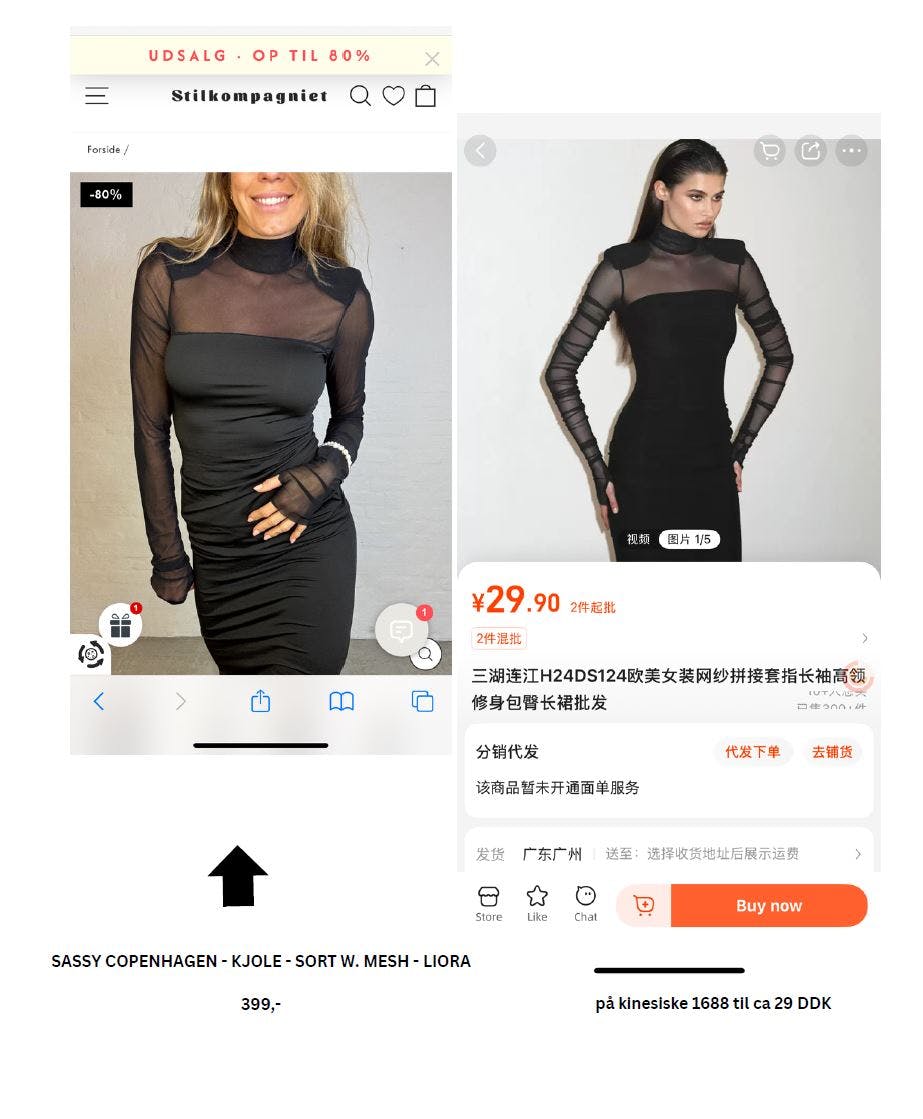 En sort Sassy Copenhagen-kjole til 399 kr. til venstre og til højre en kjole til 29 kr. fra kinesiske 1688.