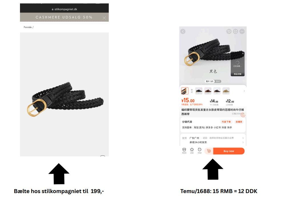Et bælte, der hos Temu koster 12 kr., kan hos Stilkompagniet købes for 199 kr.