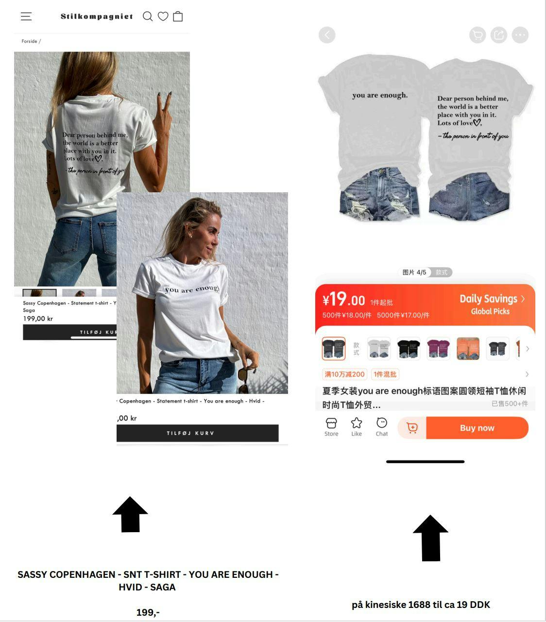 Til venstre en Sassy Copenhagen t-shirt til 199 kr. Til højre en kinesisk ditto til 19 kr.