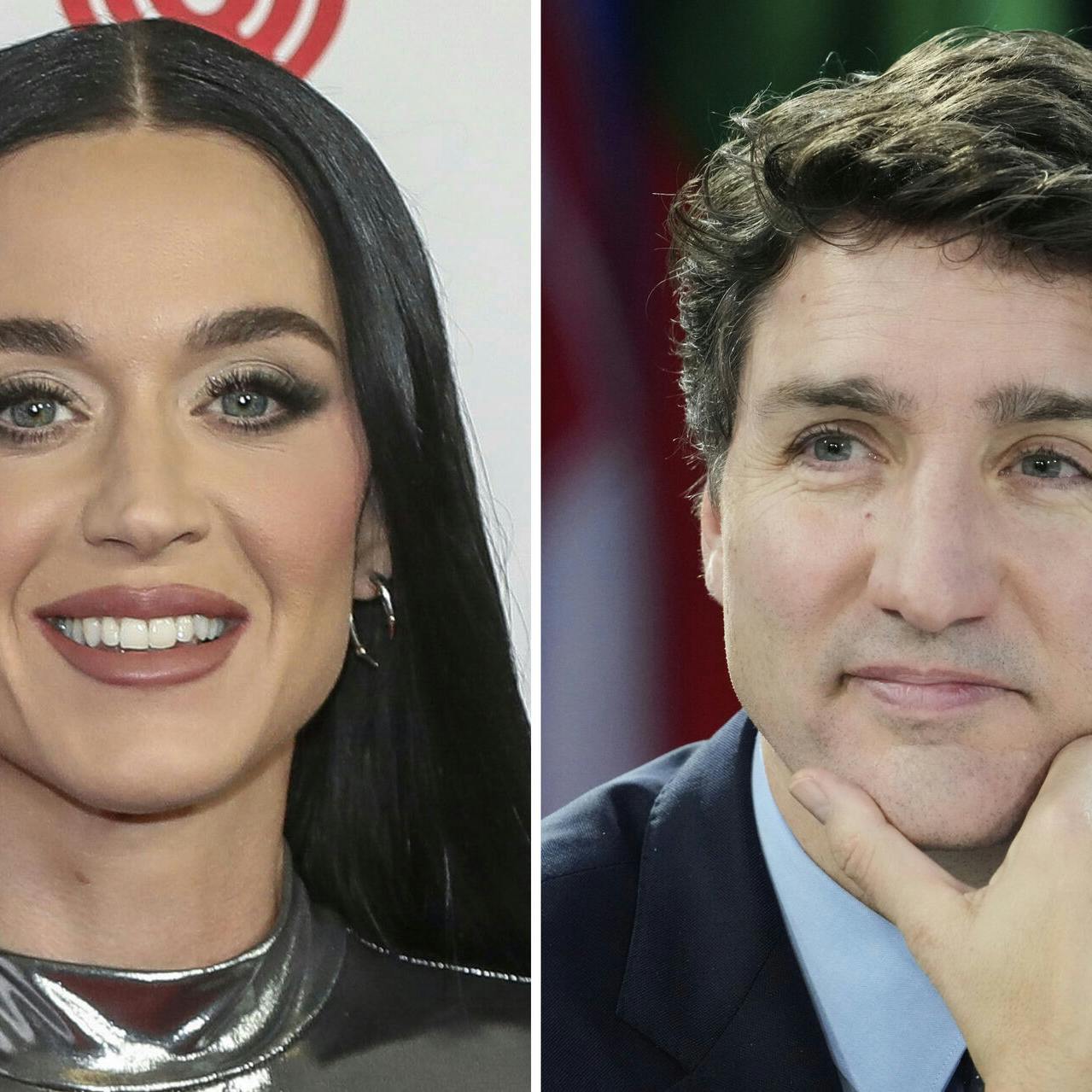 This combo of file photos shows, popstar Katy Perry, left, at Madison Square Garden, Dec. 13, 2024, in New York, and former Canadian Prime Minister Justin Trudeau during a news conference Feb. 24, 2025, in Kyiv, Ukraine. (Photo by Andy Kropa/Invision/AP, left; and Frank Gunn/The Canadian Press via AP, File)