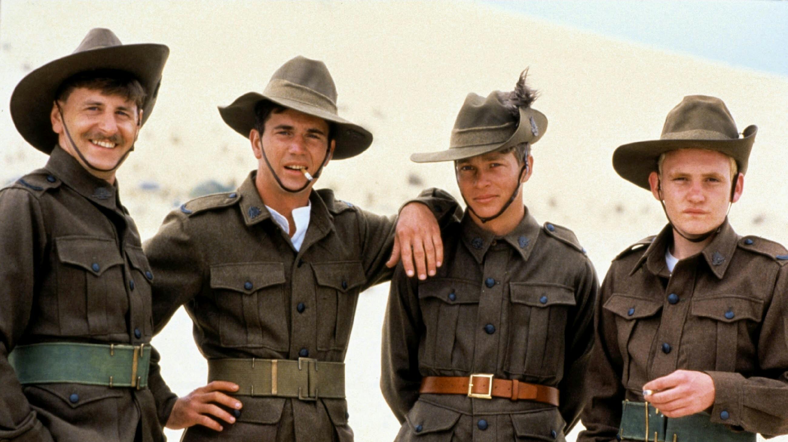 Robert Grub, Mel Gibson, Mark Lee, David Argue Characters: ,Frank Dunne,Archy Hamilton,Snowy Film: Gallipoli (1981) Director: Peter Weir 07 August 1981 Date: 07 August 1981
