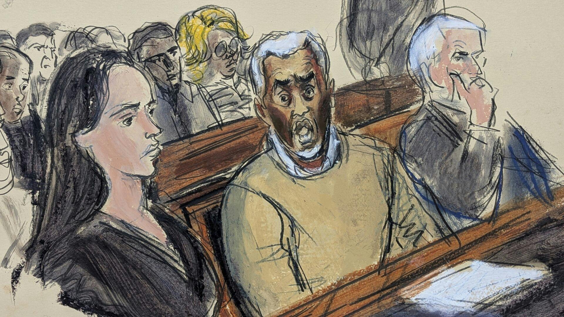 FILE - In this courtroom sketch, flanked by d