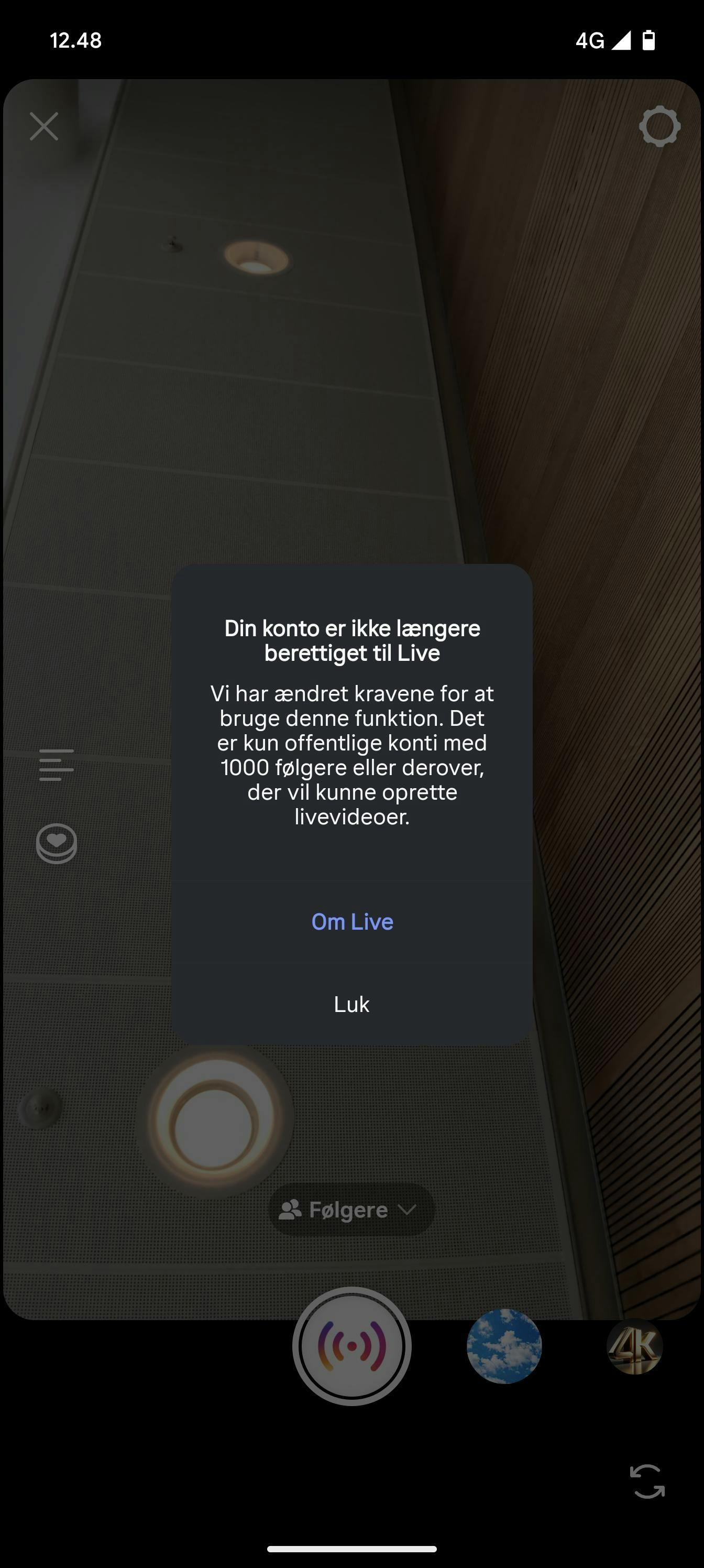 Den her besked får man, hvis man forsøger at gå live på Instagram uden at have 1.000 følgere.