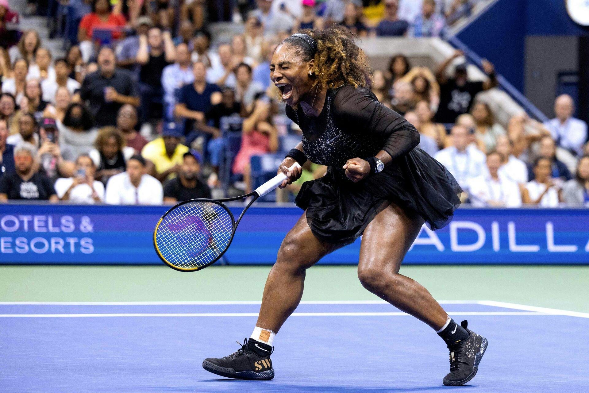 (FILES) US player Serena Williams reacts after a point against Montenegro's Danka Kovinic during their 2022 US Open Tennis tournament women's singles first round match at the USTA Billie Jean King National Tennis Center in New York, on August 29, 2022. Williams won the Princess of Asturias Award for Sports the organisers announced May 28, 2025. (Photo by COREY SIPKIN / AFP)