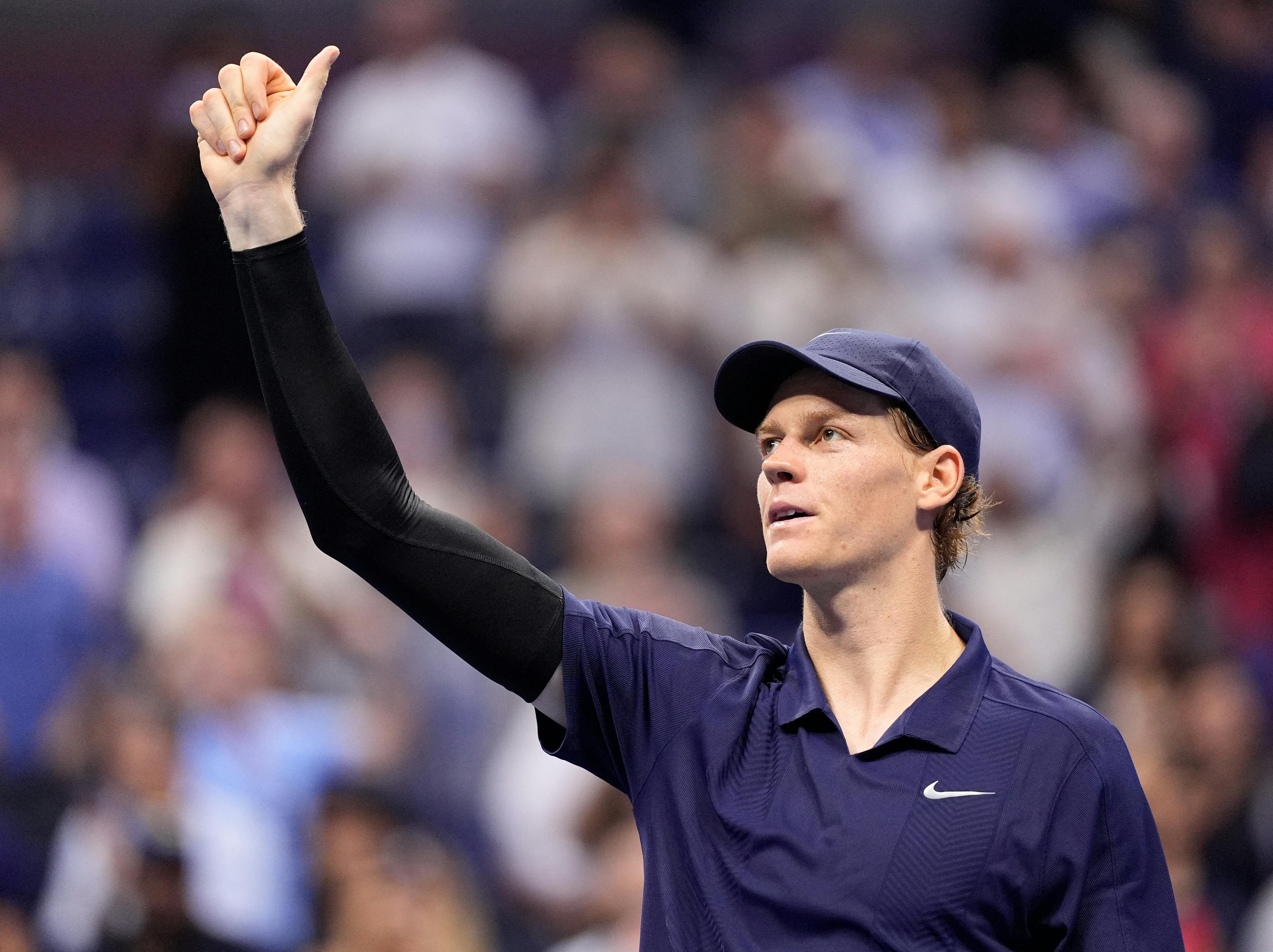 Sep 5, 2025; Flushing, NY, USA; Jannik Sinner (ITA) gestures after beating Felix Auger-Aliassime (CAN) (not pictured) on day thirteen of the 2025 U.S. Open tennis tournament at the USTA Billie Jean King National Tennis Center. Mandatory Credit: Robert Deutsch-Imagn Images