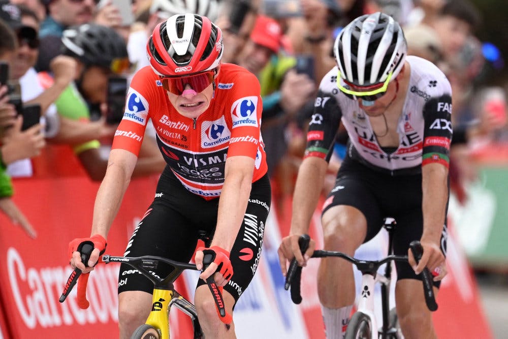 Jonas Vingegaard fik lige nøjagtigt presset cyklen foran rivalen João Almeida på målstregen på lørdagens etape.&nbsp;&nbsp;
