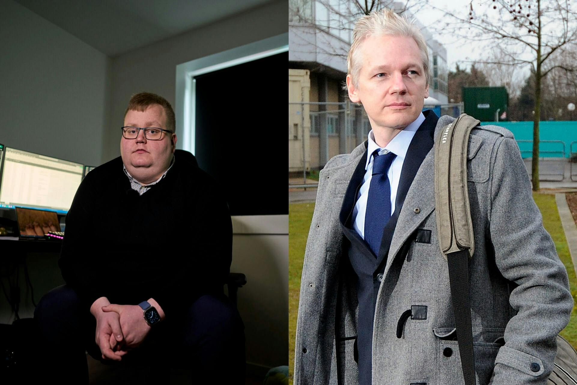 Til venstre ses islandske Sigurdur Ingi Thordarson på et billede fra 2024. Til højre ses WikiLeaks-stifteren, Julian Assange, der endte med at blive smidt i brummen, efter han blev forrådt af sin islandske ven.
