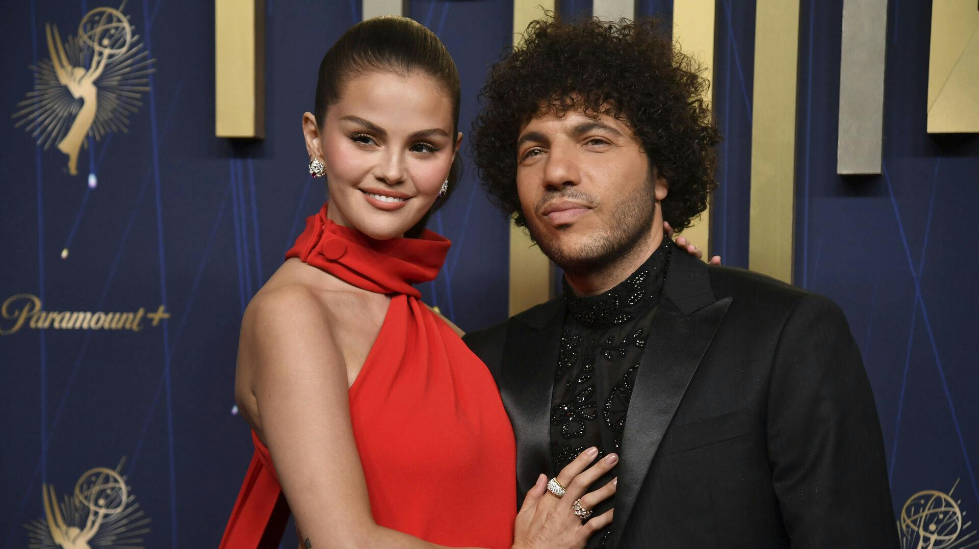 Selena Gomez, left, and Benny Blanco arrives at the 77th Primetime Emmy Awards on Sunday, Sept. 14, 2025, at the Peacock Theater in Los Angeles. (Photo by Richard Shotwell/Invision/AP)