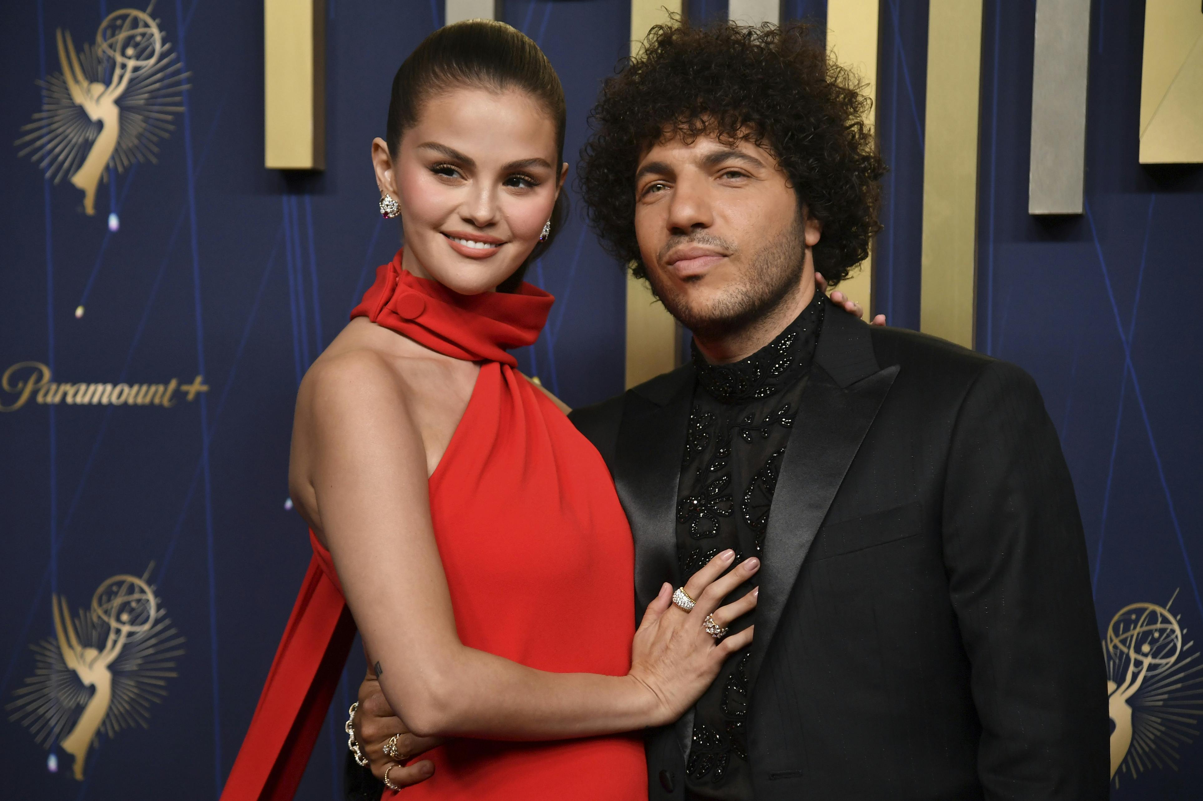 Selena Gomez, left, and Benny Blanco arrives at the 77th Primetime Emmy Awards on Sunday, Sept. 14, 2025, at the Peacock Theater in Los Angeles. (Photo by Richard Shotwell/Invision/AP)