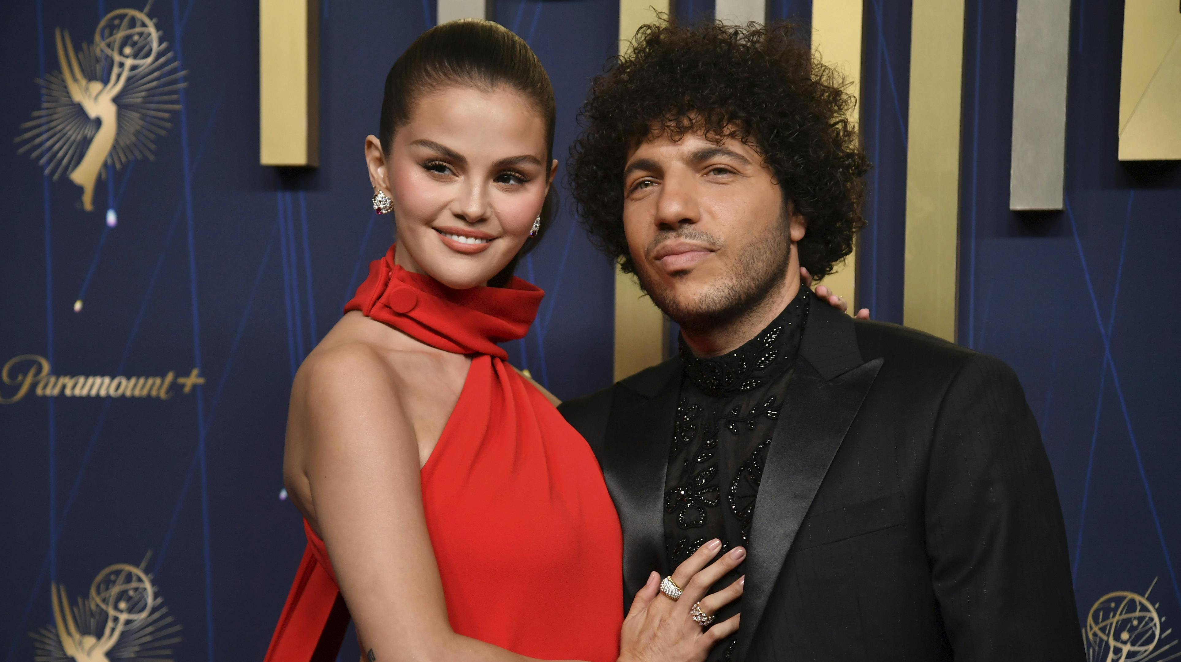 Selena Gomez, left, and Benny Blanco arrives at the 77th Primetime Emmy Awards on Sunday, Sept. 14, 2025, at the Peacock Theater in Los Angeles. (Photo by Richard Shotwell/Invision/AP)
