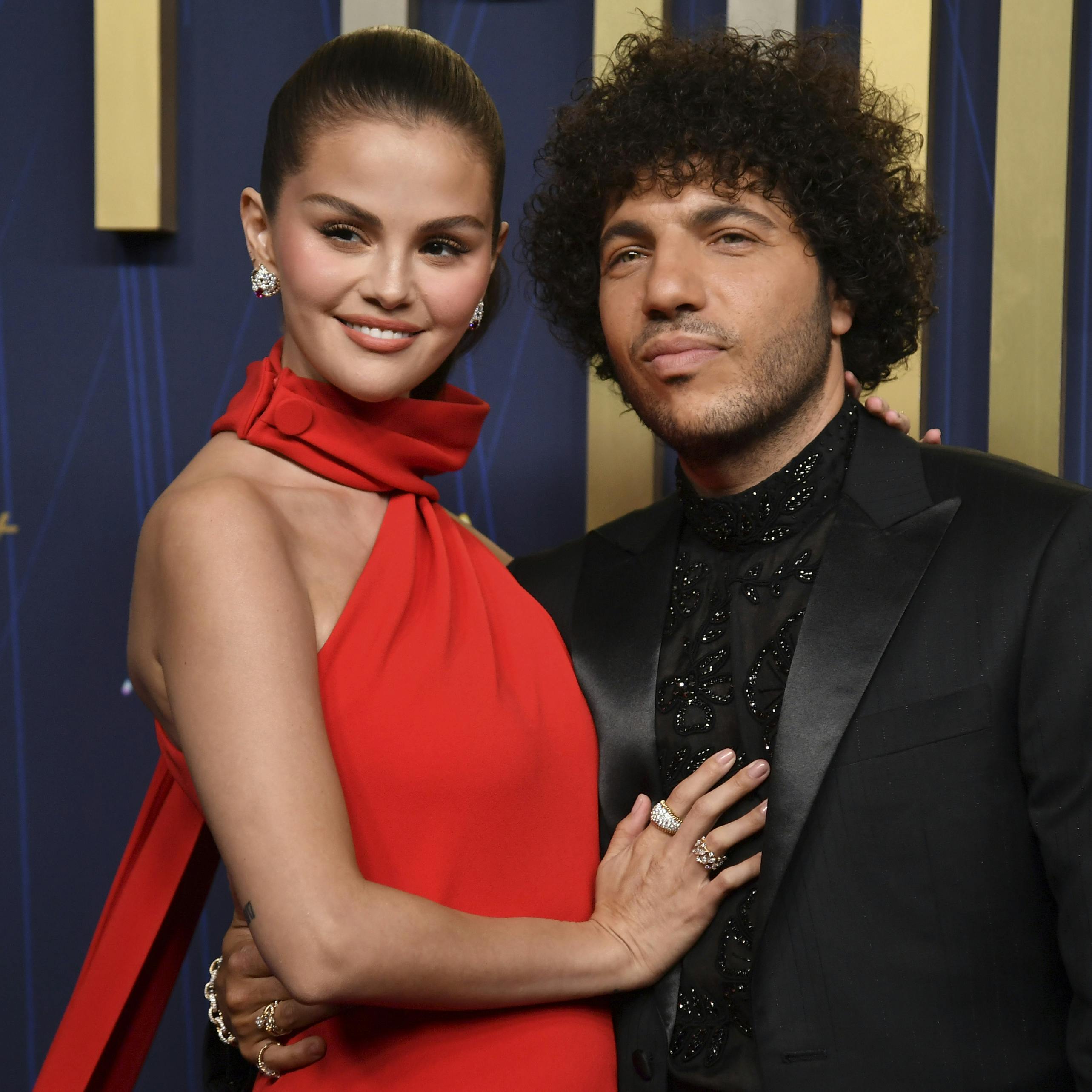 Selena Gomez, left, and Benny Blanco arrives at the 77th Primetime Emmy Awards on Sunday, Sept. 14, 2025, at the Peacock Theater in Los Angeles. (Photo by Richard Shotwell/Invision/AP)