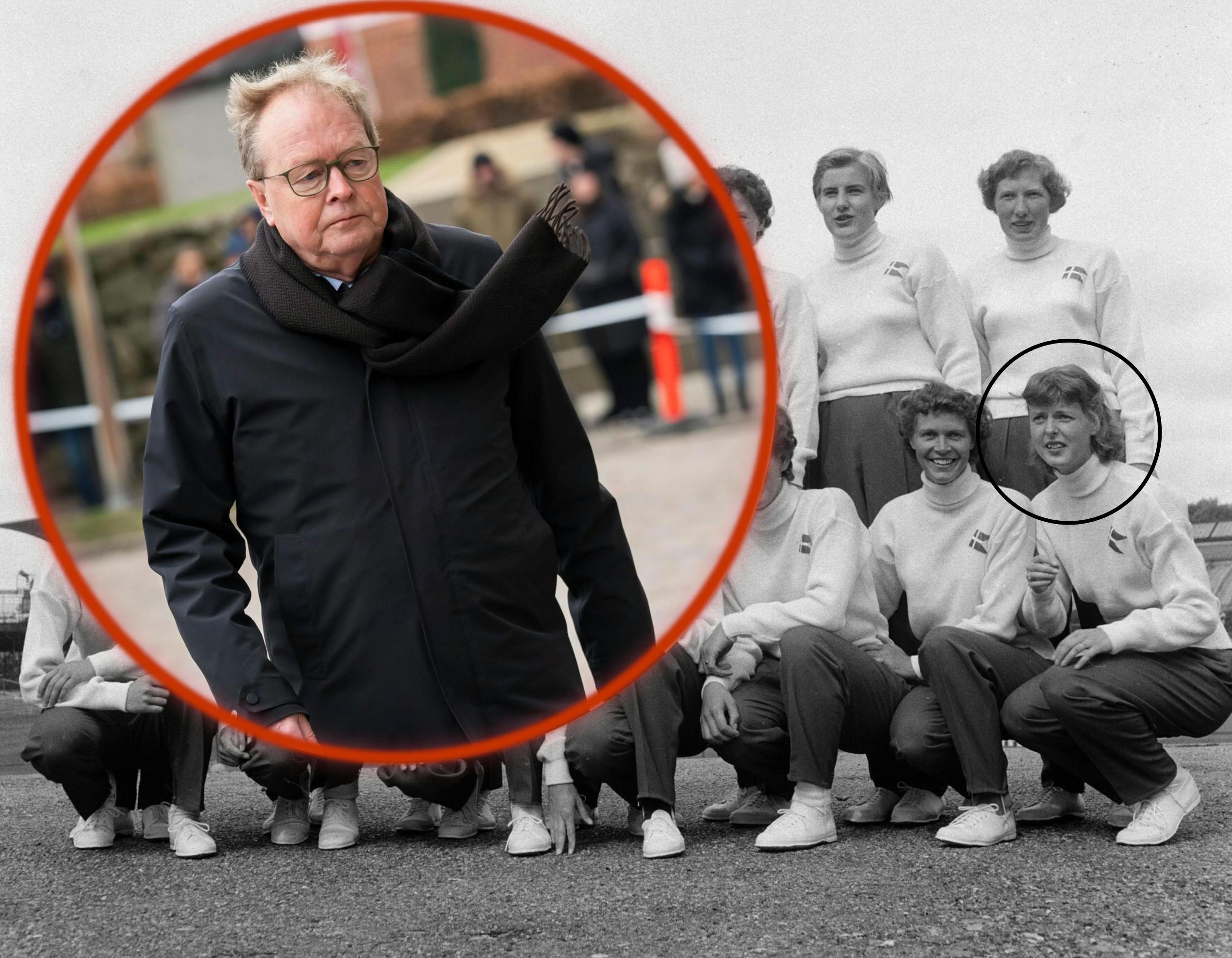 Birgitte Wilbek (nederst t.h.) ses her sammen med det danske håndboldlandshold for damer på Østerbro Stadion inden afrejsen til VM i Jugoslavien i 1957
