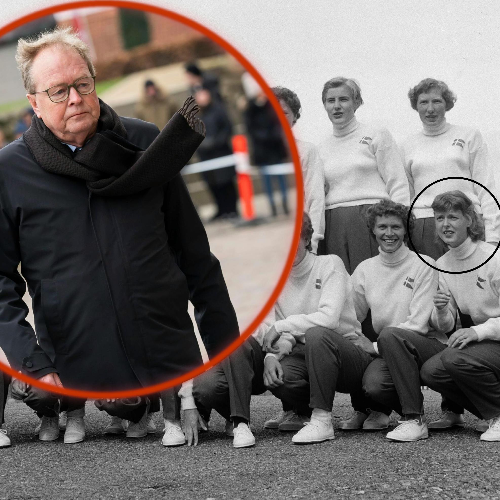 Birgitte Wilbek (nederst t.h.) ses her sammen med det danske håndboldlandshold for damer på Østerbro Stadion inden afrejsen til VM i Jugoslavien i 1957