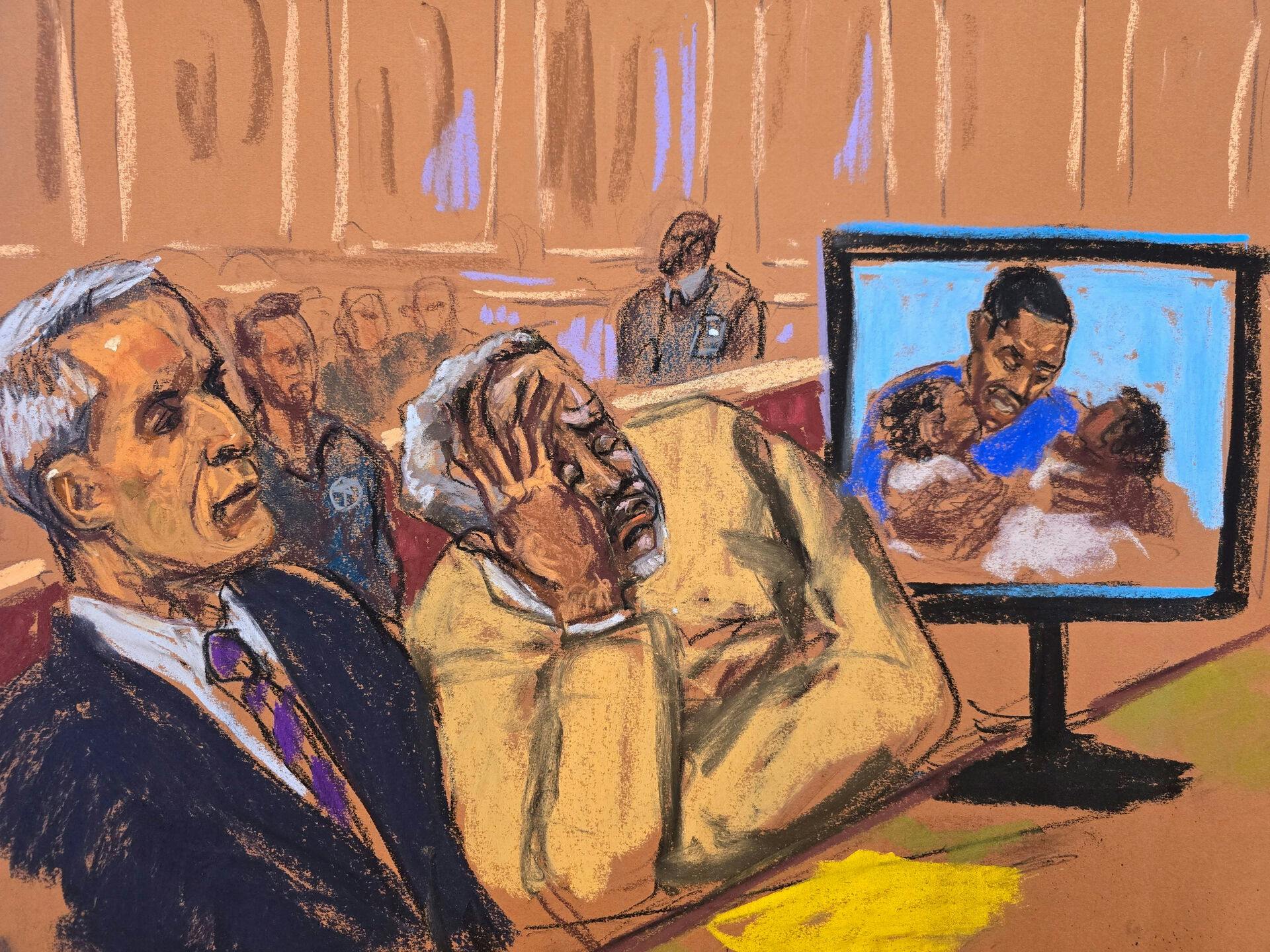 Sean "Diddy" Combs bliver følelsesladet, da billeder af hans børn som babyer vises på en skærm under en domsafsigelse i retten den 3. oktober 2025.