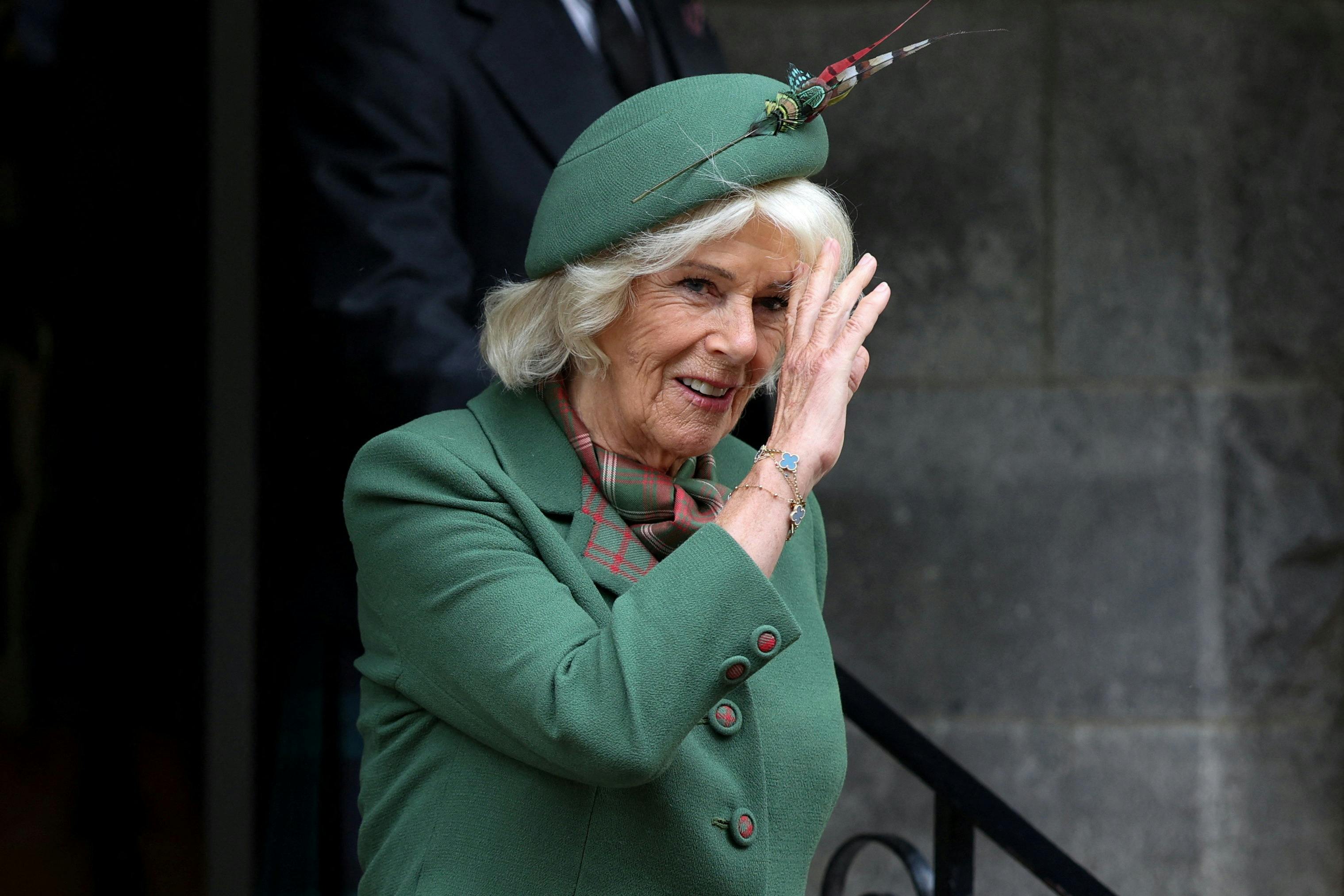 Britain's Queen Camilla departs from Crathie Kirk after attending the church service in Crathie, near Balmoral, Scotland, Britain, September 7, 2025. REUTERS/Russell Cheyne