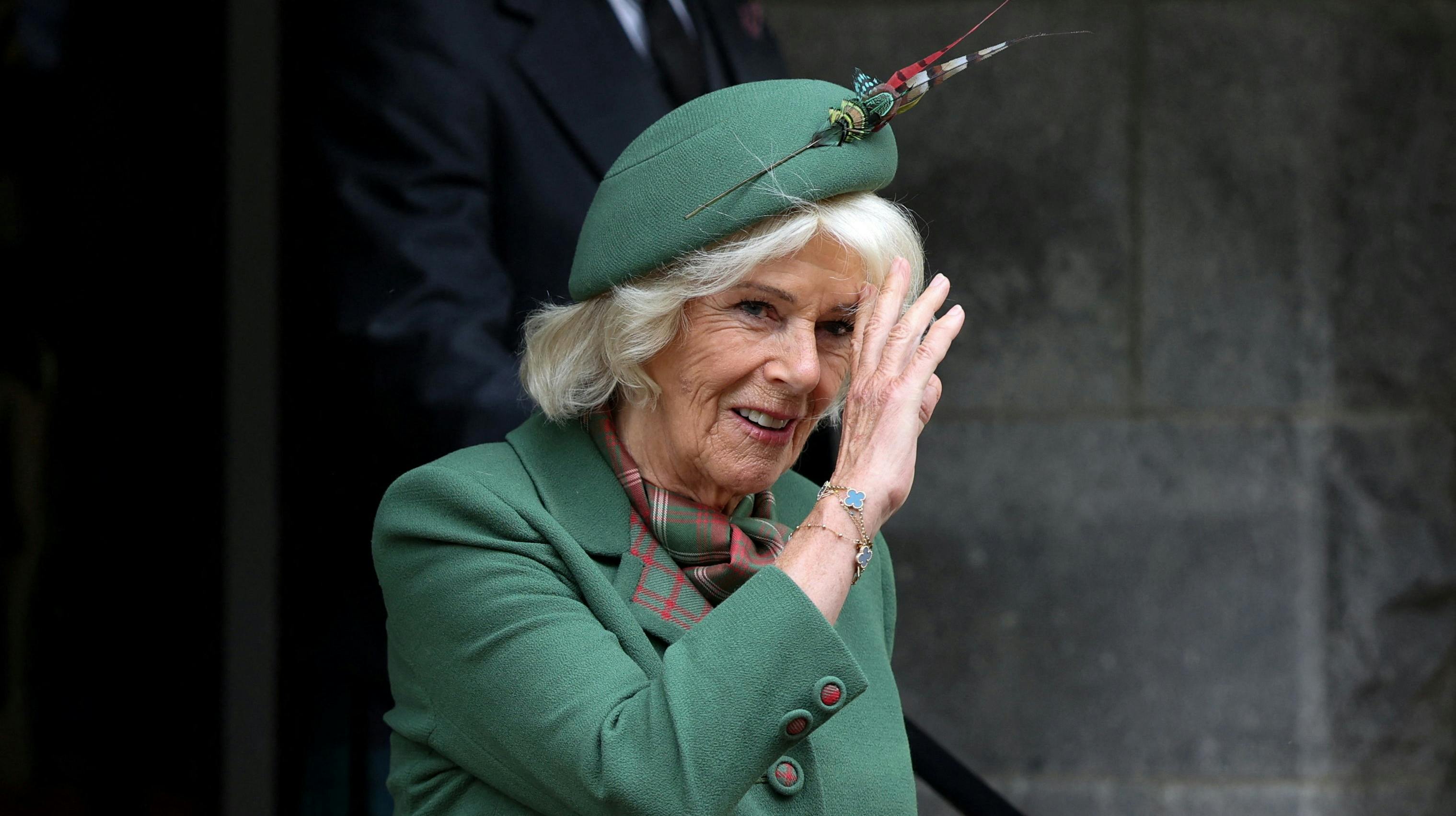 Britain's Queen Camilla departs from Crathie Kirk after attending the church service in Crathie, near Balmoral, Scotland, Britain, September 7, 2025. REUTERS/Russell Cheyne