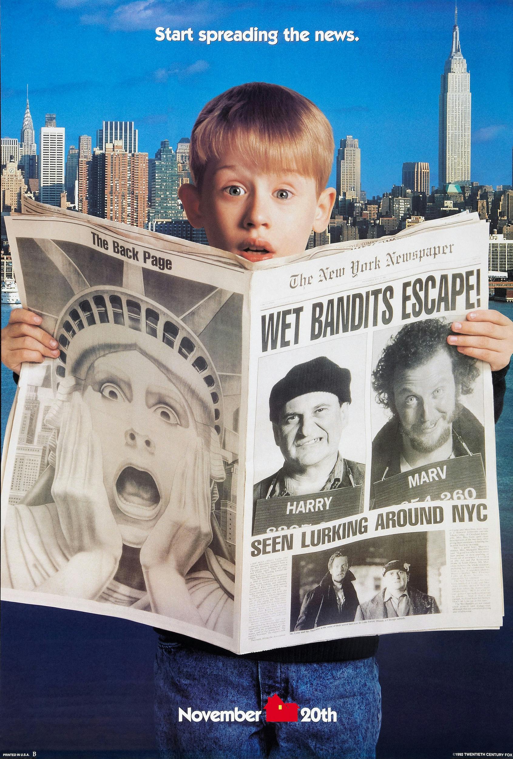 HOME ALONE 2: LOST IN NEW YORK, US advance poster art, top: Macaulay Culkin; on front page, from left: Joe Pesci, Daniel Stern, 1992. TM & Copyright ©20th Century-Fox Film Corp. All rights reserved/courtesy Everett Collection (Mega Agency TagID: MEGAEMCDHOALFE001_572611.jpg) [Photo via Mega Agency]