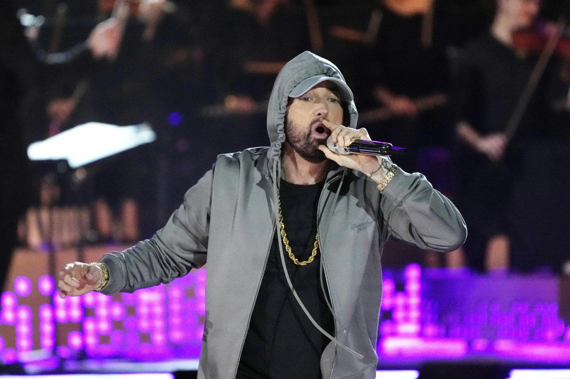 Eminem performs during "Live From Detroit: The Concert at Michigan Central" on Thursday, June 6, 2024, in Detroit. (AP Photo/Carlos Osorio)