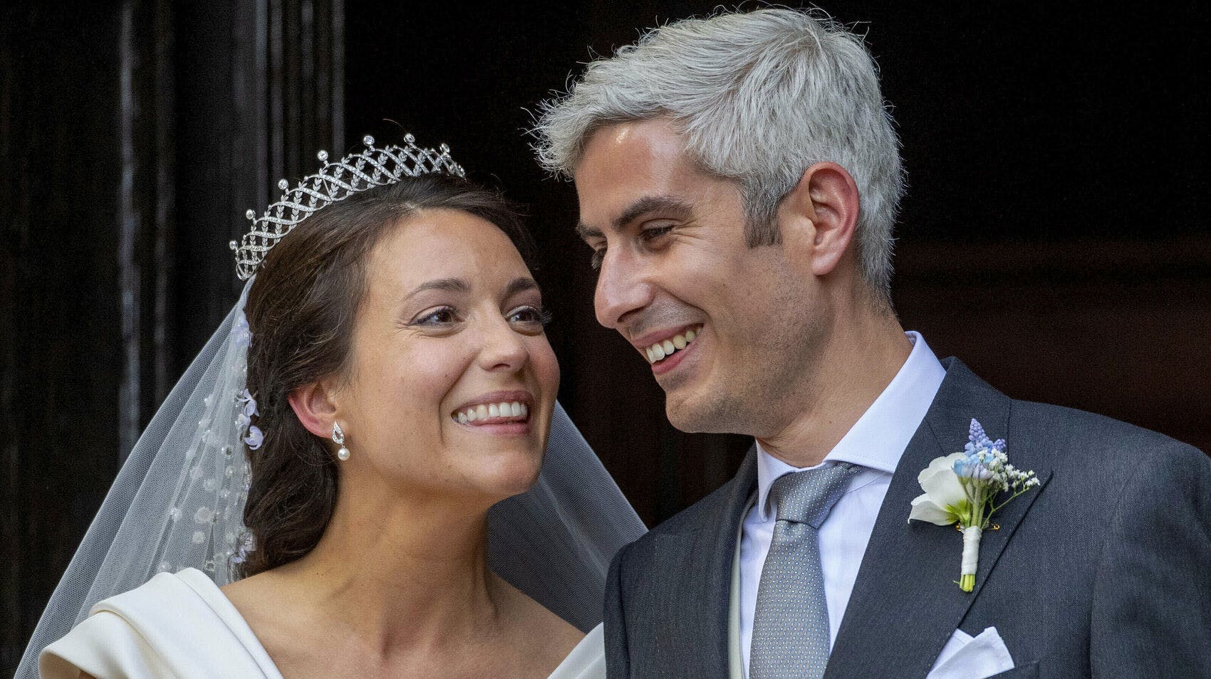 Princess Alexandra of Luxembourg and Mr. Nicolas Bagory leave at the Church Saint-Trophyme in Bormes-les-Mimosas, on April 29, 2023, after the Wedding ceremony Photo by: Albert Nieboer/picture-alliance/dpa/AP Images