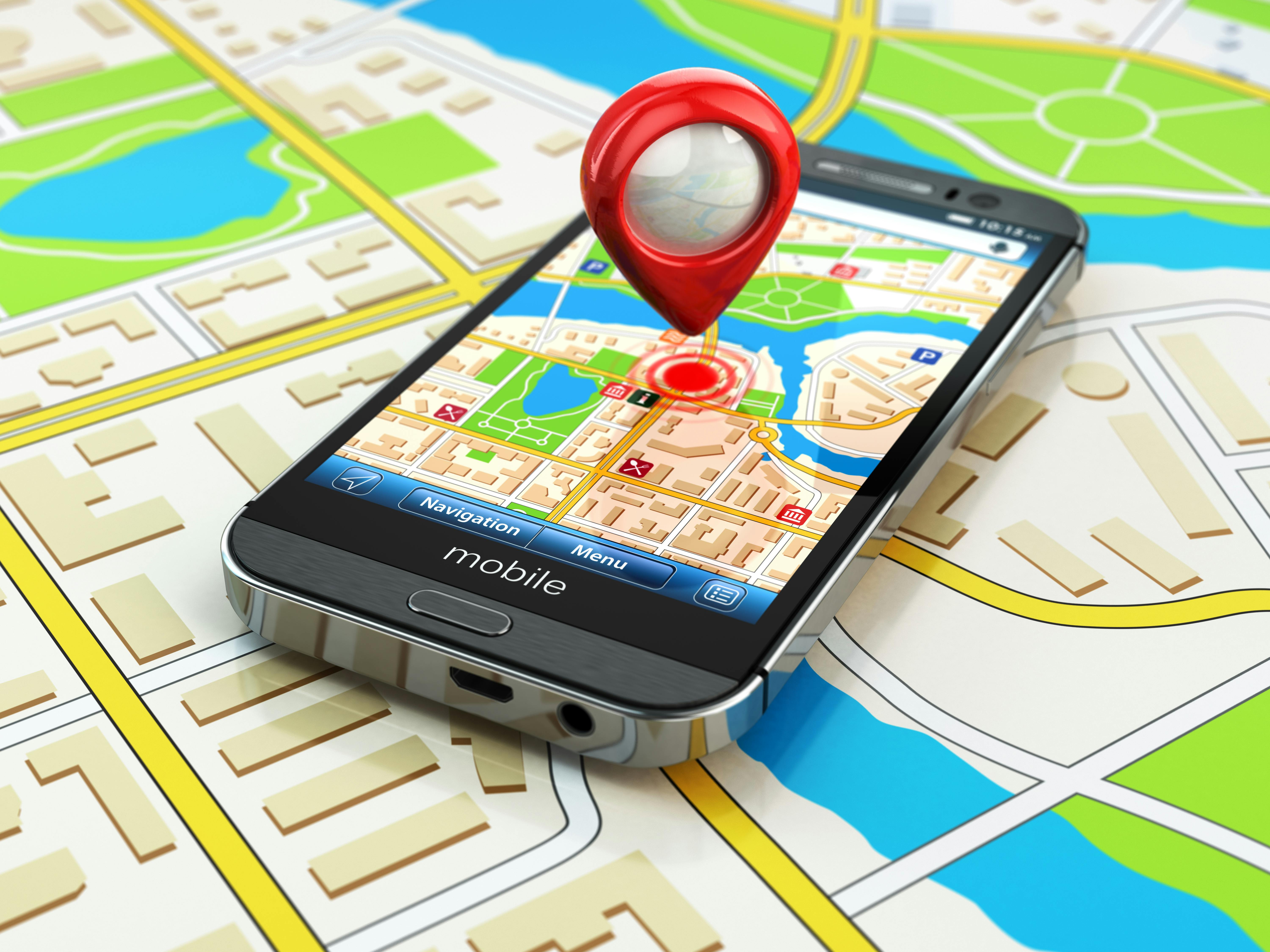Mobile GPS navigation concept. Smartphone on map of the city, 3d