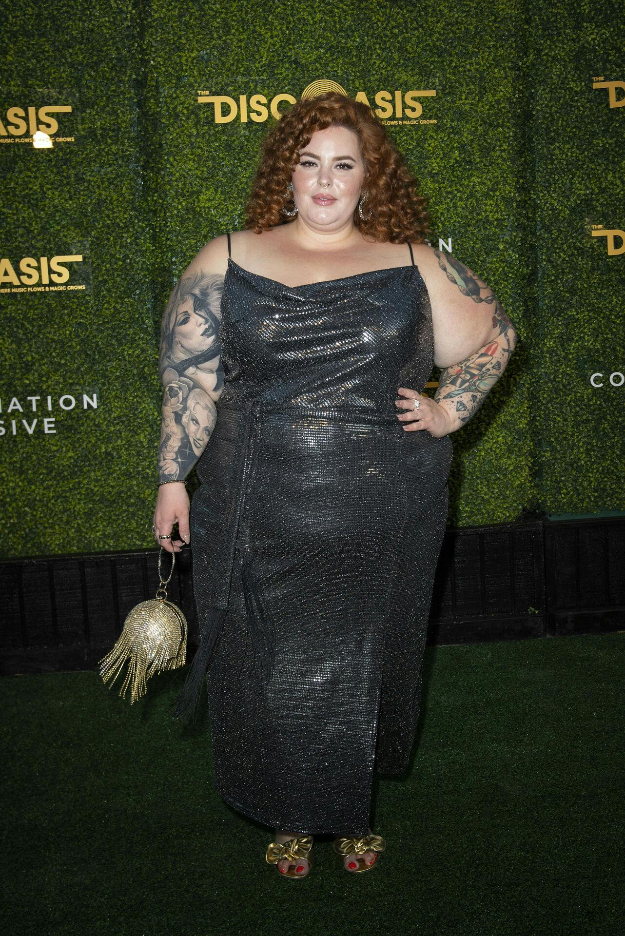 Plus-size model Tess Holliday arrives at the DiscOasis VIP Night at South Coast Botanic Garden in Palos Verdes Estates, California, July 21, 2021. VALERIE MACON / AFP