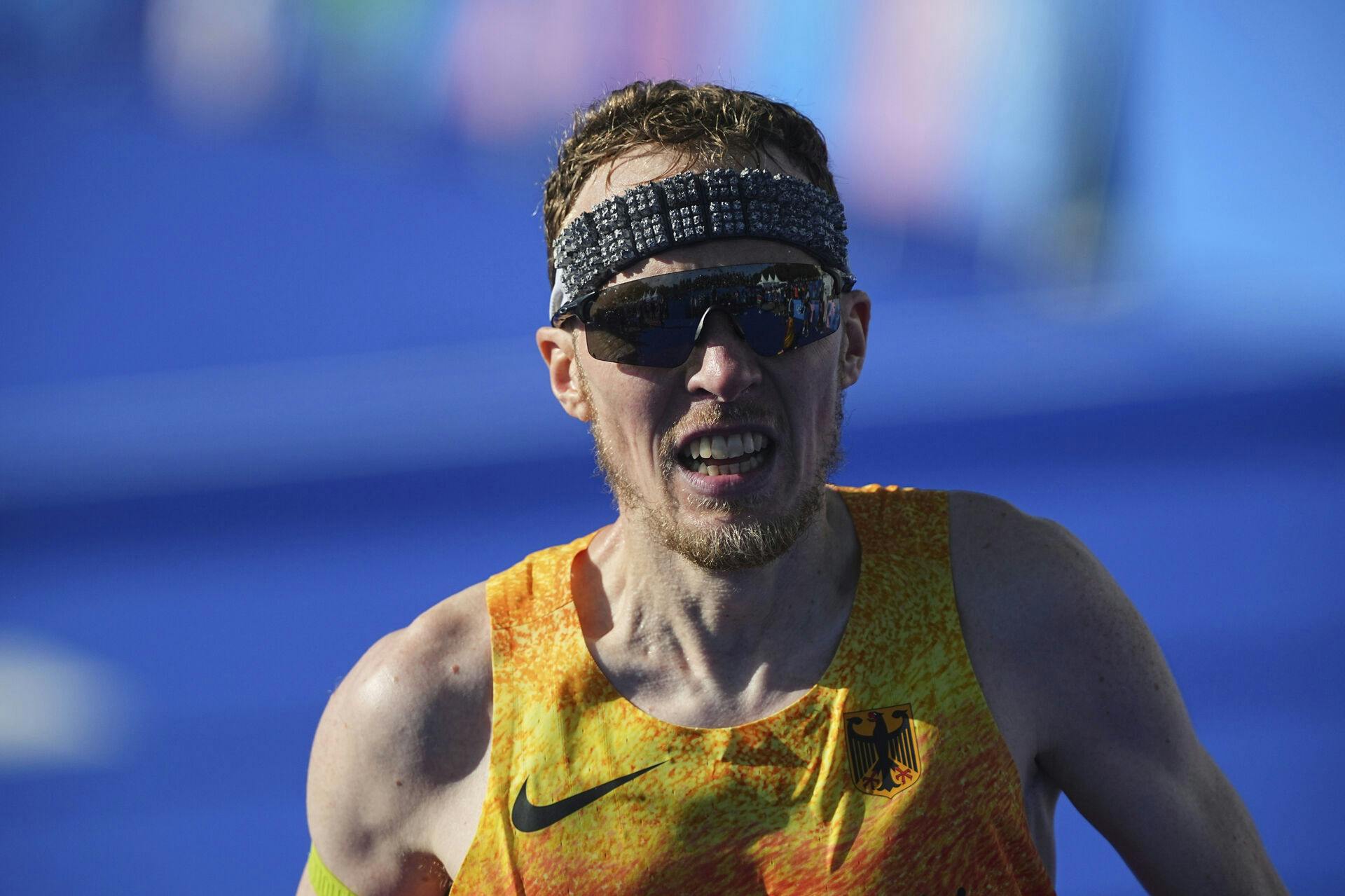 10 August 2024, France, Paris: Olympics, Paris 2024, athletics, marathon, men, Richard Ringer from Germany reacts at the finish line. Photo by: Michael Kappeler/picture-alliance/dpa/AP Images