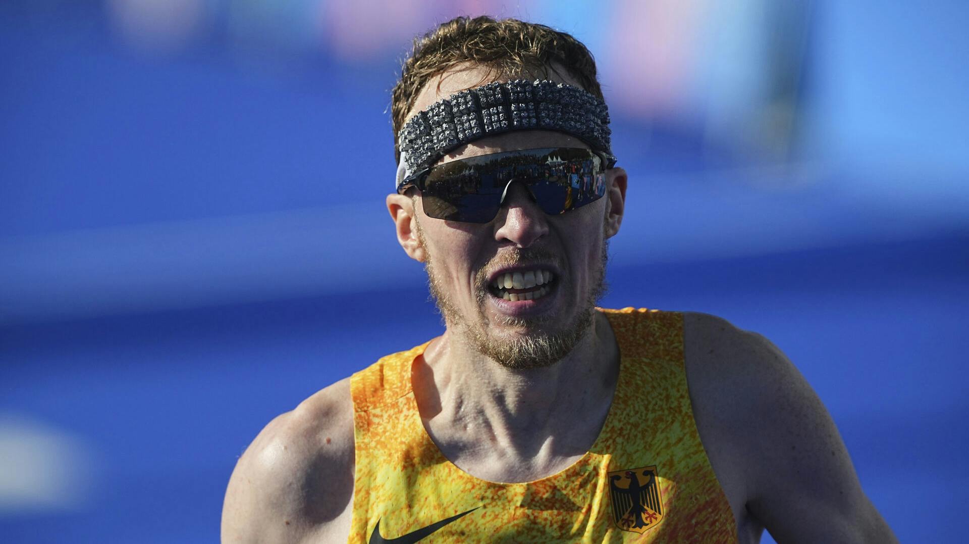 10 August 2024, France, Paris: Olympics, Paris 2024, athletics, marathon, men, Richard Ringer from Germany reacts at the finish line. Photo by: Michael Kappeler/picture-alliance/dpa/AP Images