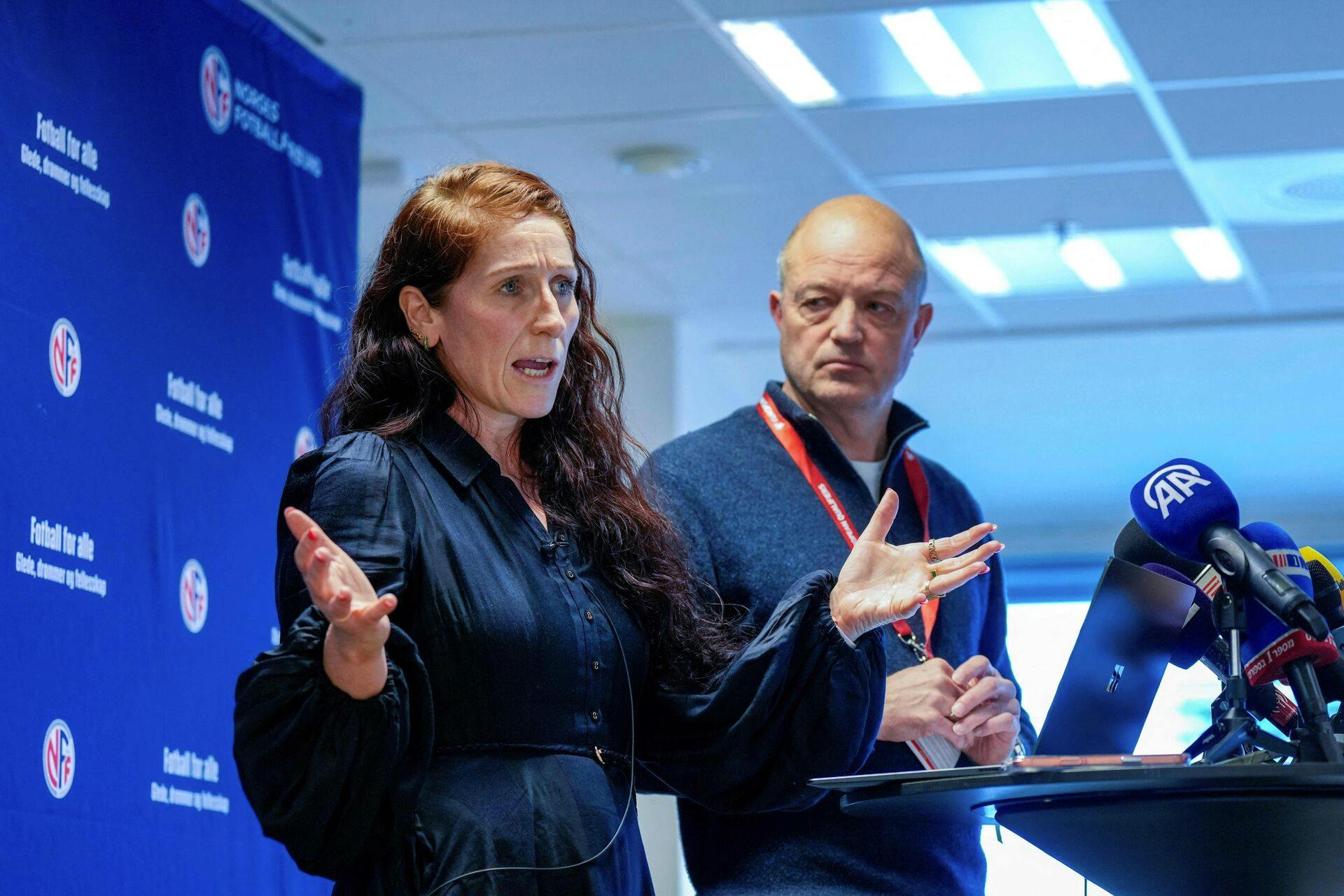 President of the Norwegian Football Association Lise Klaveness and Secretary General of the Norwegian Football Association, Karl-Petter Loken address a press conference of the Norwegian Football Association in Oslo, Norway on October 10, 2025 ahead of the FIFA World Cup 2026 European qualification football match Norway vs Israel to be played at Ullevaal Stadium on October 11. (Photo by Fredrik Varfjell / NTB / AFP) / Norway OUT