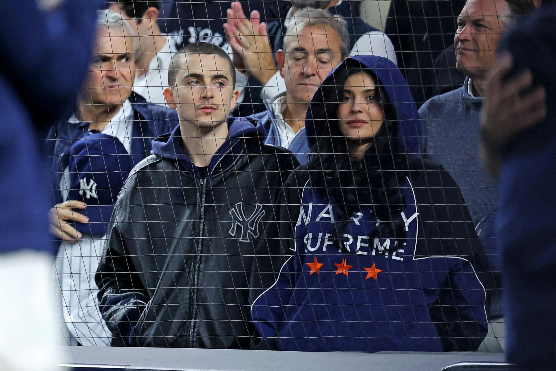Oct 8, 2025; Bronx, New York, USA; Timothee Chalamet and Kylie Jenner during game four of the ALDS round for the 2025 MLB playoffs between the New York Yankees and the Toronto Blue Jays at Yankee Stadium. Mandatory Credit: Brad Penner-Imagn Images