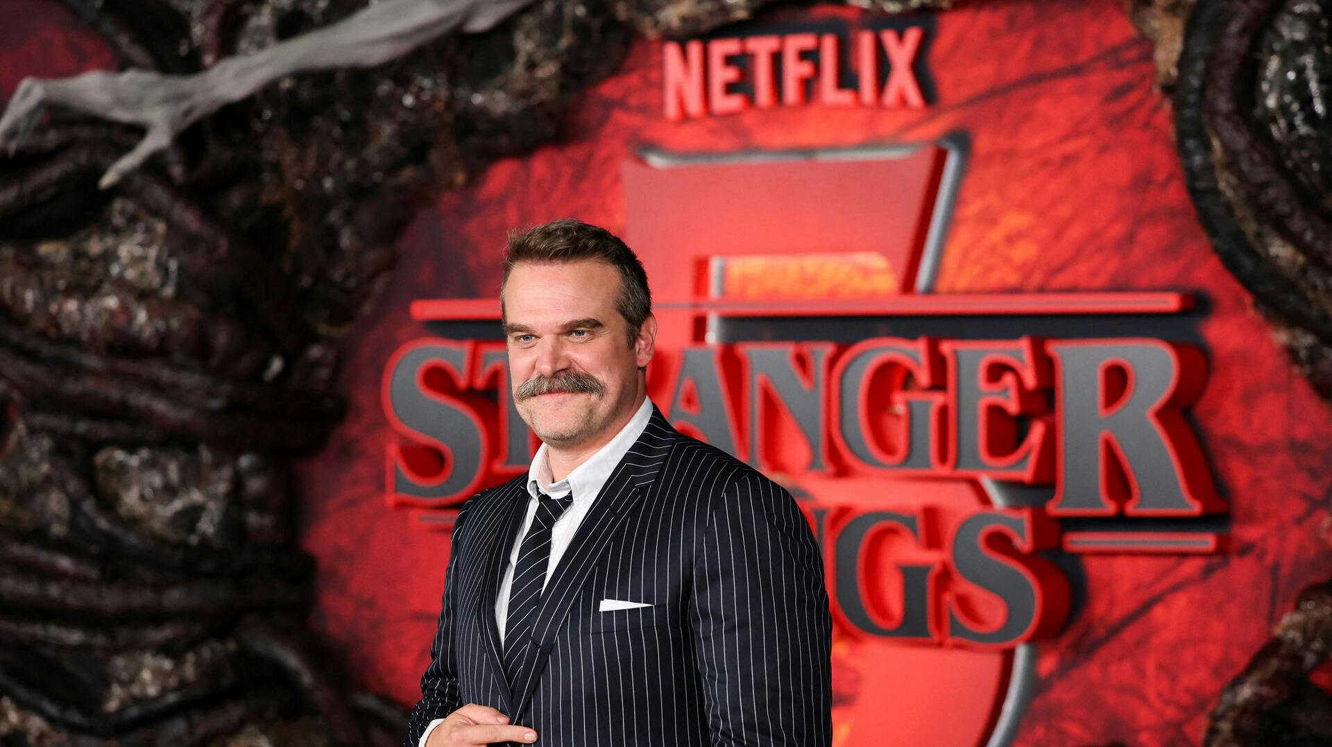 Cast member David Harbour attends the premiere for the final season of the television series "Stranger Things" at the TCL Chinese Theatre in Los Angeles, California, U.S., November 6, 2025. REUTERS/Daniel Cole