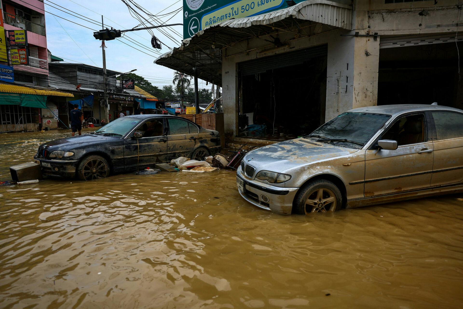 Damaged cars are parked in a flooded area in Hat Yai district, Songkhla province, Thailand, November 28, 2025. REUTERS/Athit Perawongmetha