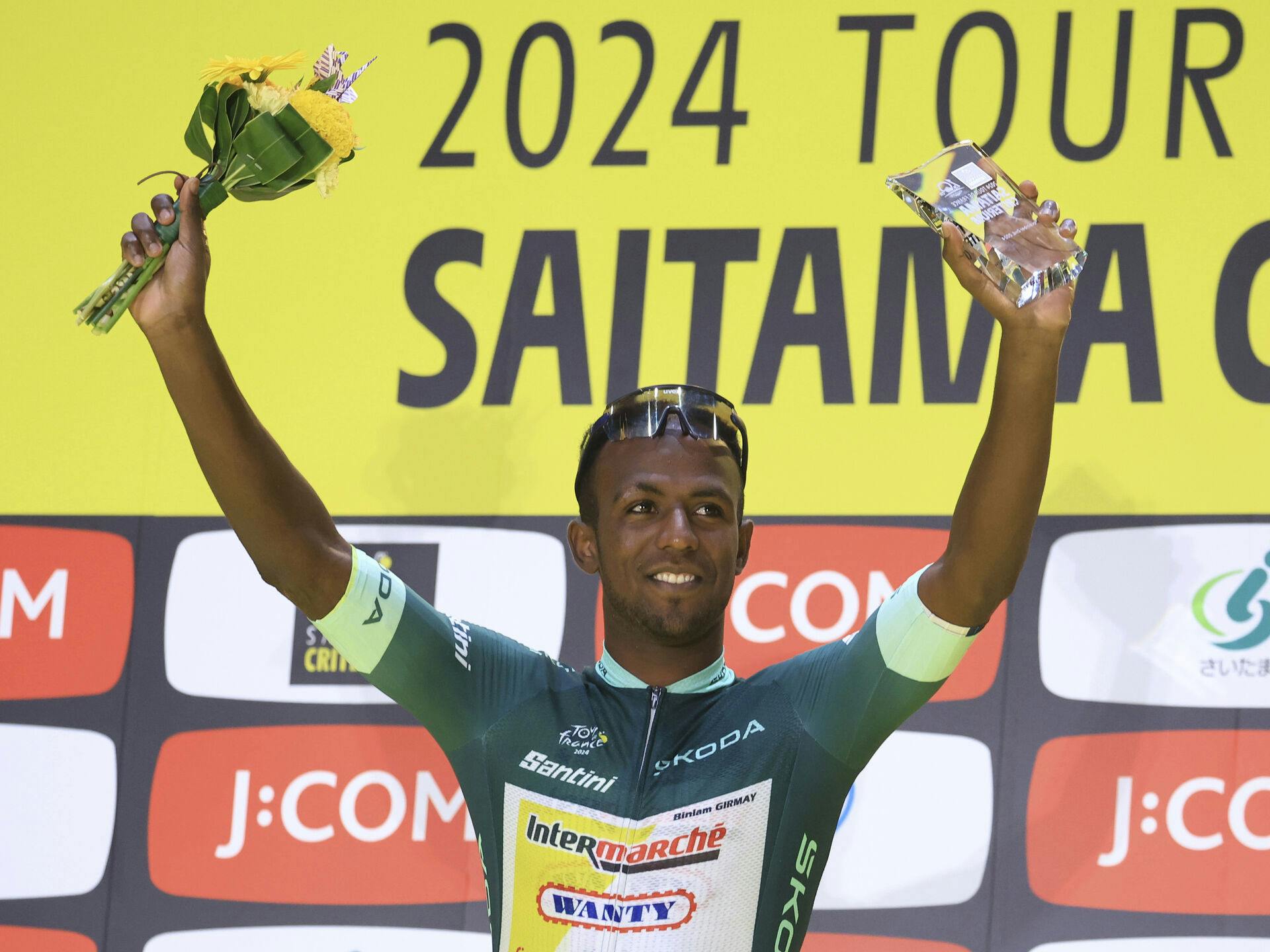 Biniam Girmay, the winner, attends an award ceremony of the "Tour de France SAITAMA Criterium" main race in Saitama City on November 2, 2024. ( The Yomiuri Shimbun via AP Images )