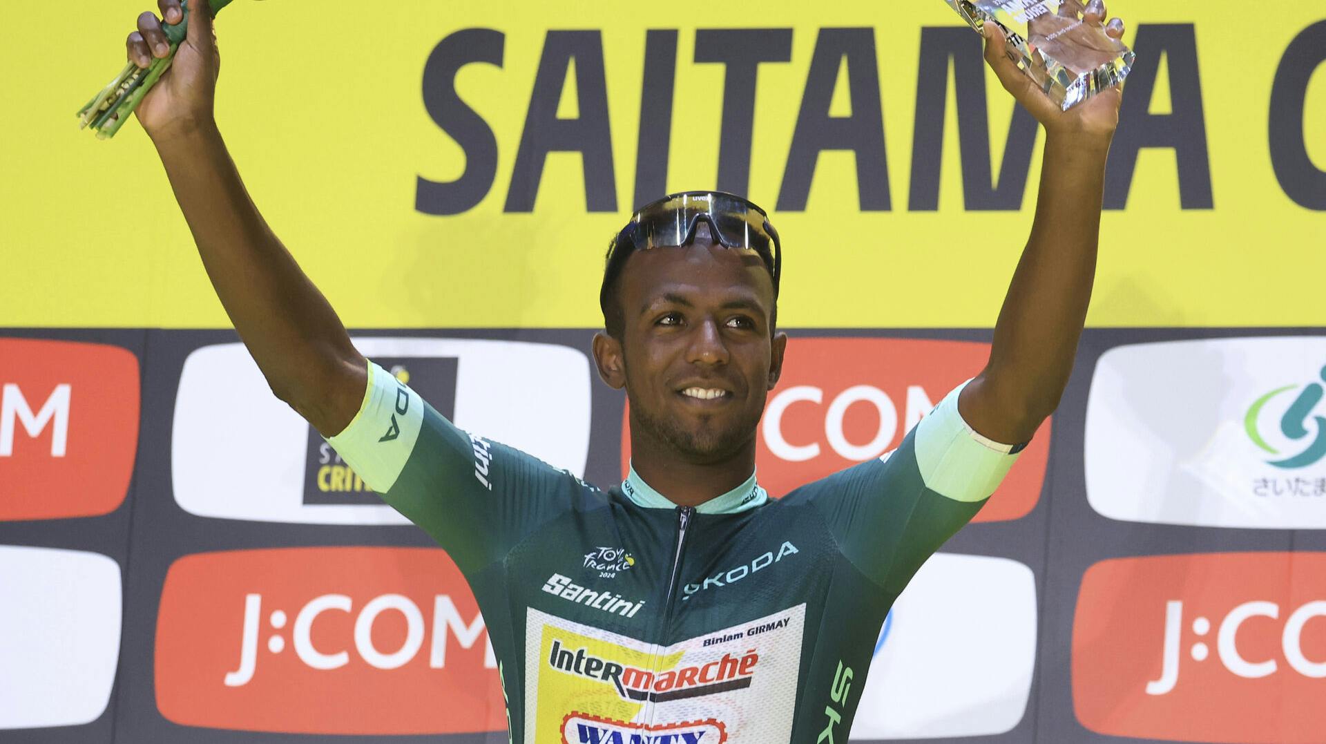 Biniam Girmay, the winner, attends an award ceremony of the "Tour de France SAITAMA Criterium" main race in Saitama City on November 2, 2024. ( The Yomiuri Shimbun via AP Images )