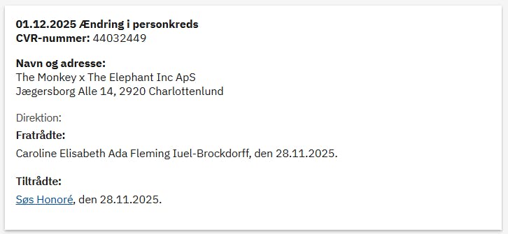 Først blev hun registreret som direktør 1. december.