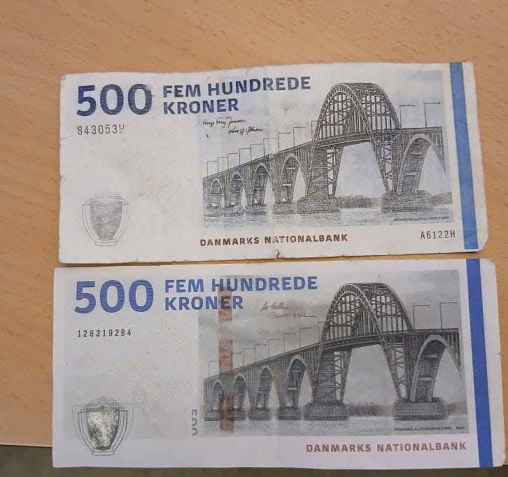 Sådan ser nogle af de falske sedler ud.