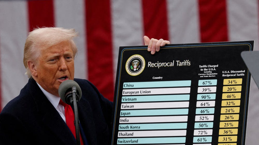 Donald Trump, USA's præsident, løftede i begyndelsen af april sløret for kommende, meget høje toldsatser på udenlandske varer. Toldtruslen fik en række lande til at give USA indrømmelser på handelsområdet for at undgå tolden. (Arkivfoto). &