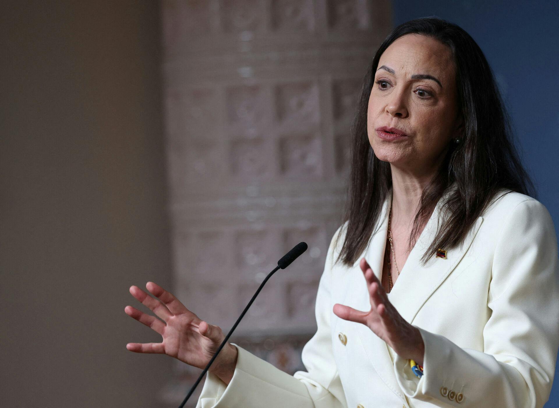 Nobel Peace Prize laureate and Venezuelan opposition leader Maria Corina Machado speaks during a press conference in Oslo, Norway December 11, 2025. REUTERS/Leonhard Foeger