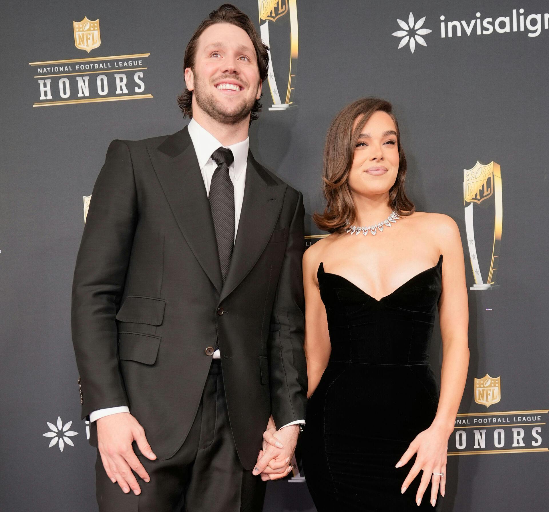 FILE - Josh Allen, of the Buffalo Bills, and his fiancé, Hailee Steinfeld, pose on the red carpet at the NFL Honors award show ahead of the Super Bowl 59 football game, Thursday, Feb. 6, 2025, in New Orleans. (AP Photo/Gerald Herbert, File)