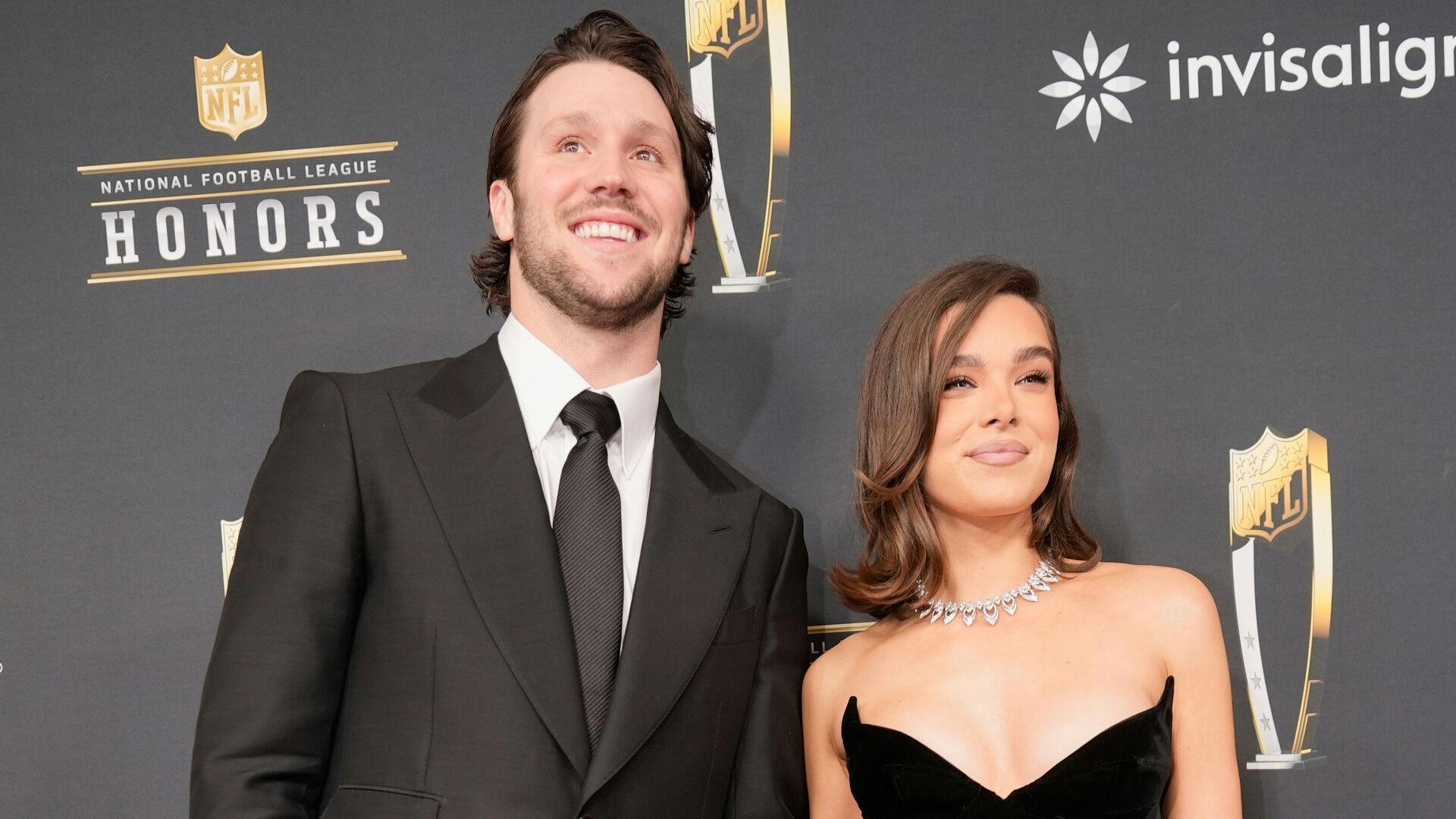 FILE - Josh Allen, of the Buffalo Bills, and his fiancé, Hailee Steinfeld, pose on the red carpet at the NFL Honors award show ahead of the Super Bowl 59 football game, Thursday, Feb. 6, 2025, in New Orleans. (AP Photo/Gerald Herbert, File)