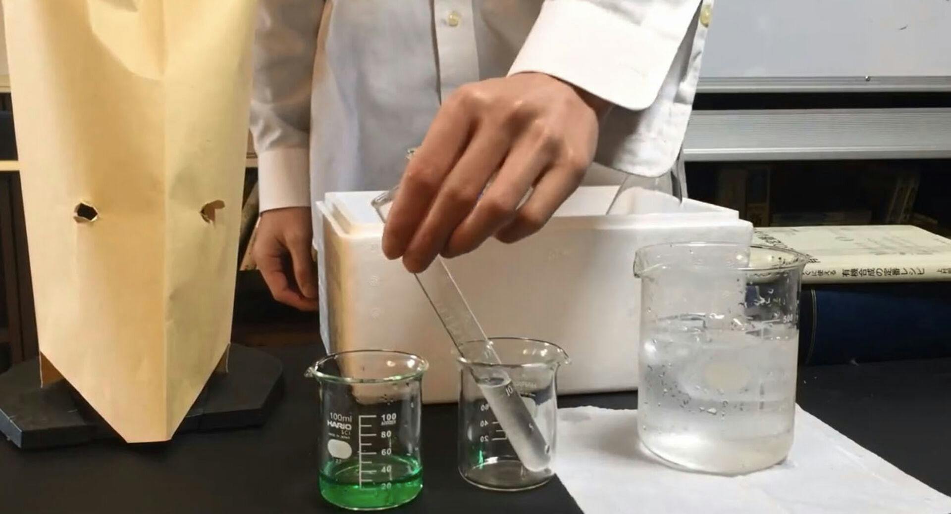 Undated photo shows a scene from a YouTube video showing how to manufacture triacetone triperoxide, known as TATP, which has been used in a number of Islamic State-linked terror attacks including those in Paris in 2015 and in Brussels in 2016. (Kyodo via AP Images) ==Kyodo