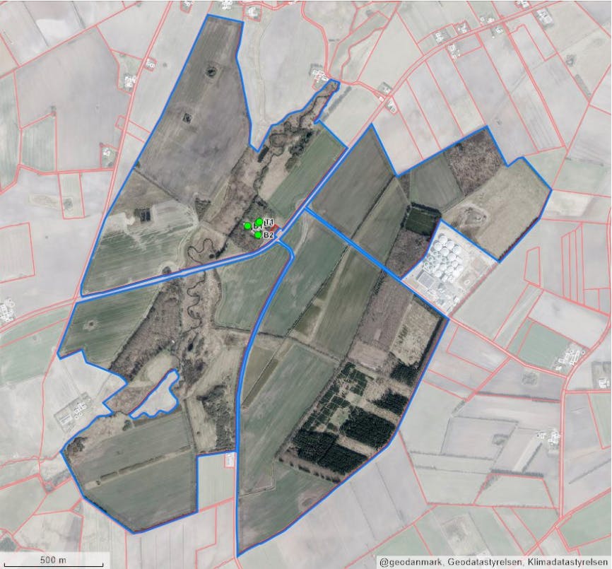 Mange dyr tiltrækkes af Solvig på grund af vandløbene. Bygningerne er markeret med grønt.