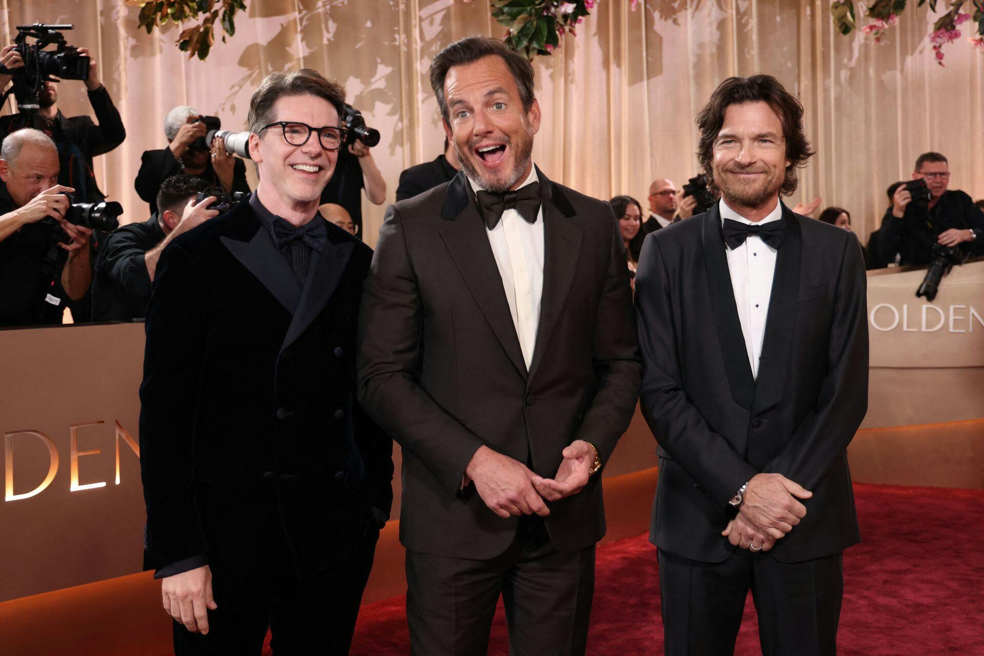 (L-R) US actors Sean Hayes, Will Arnett and Jason Bateman attend the 83rd annual Golden Globe Awards at the Beverly Hilton hotel in Beverly Hills, California, on January 11, 2026. (Photo by Michael Tran / AFP) / -- IMAGE RESTRICTED TO EDITORIAL USE - STRICTLY NO COMMERCIAL USE --