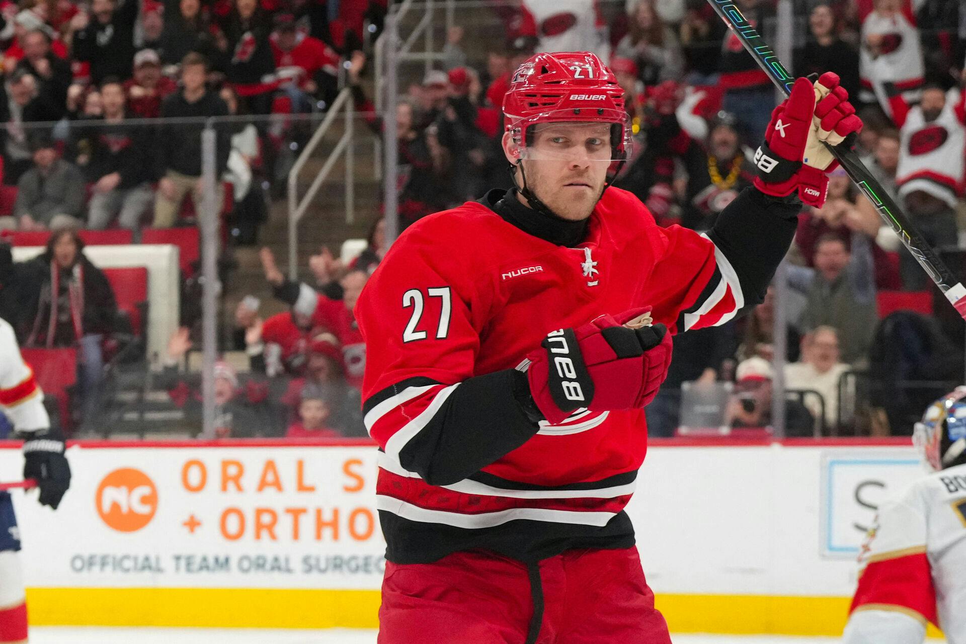 Jan 16, 2026; Raleigh, North Carolina, USA; Carolina Hurricanes left wing Nikolaj Ehlers (27) celebrates his goal against the Florida Panthers during the third period at Lenovo Center. Mandatory Credit: James Guillory-Imagn Images