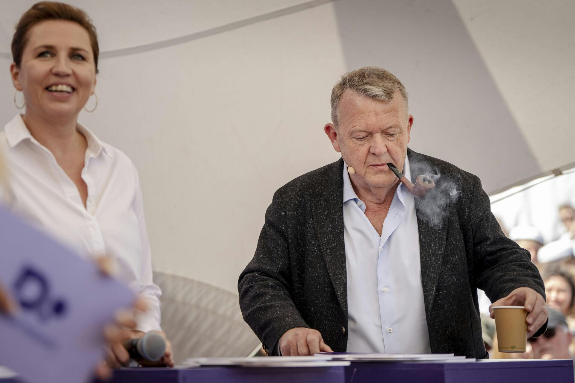 Statsminister Mette Frederiksen (S) og Lars Løkke Rasmussen (M) ses sammen under debat hos Dansk Industri på Folkemødet på Bornholm torsdag den 12. juni 2025.