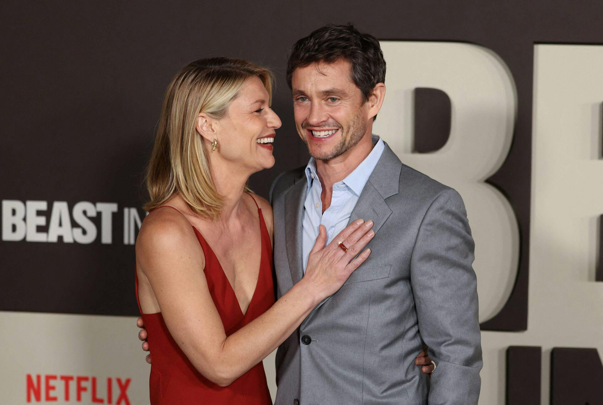 US actress Claire Danes and her husband English actor Hugh Dancy attend the premiere of Netflix's "The Beast in Me" at The Plaza in New York on November 5, 2025. (Photo by ANGELA WEISS / AFP)