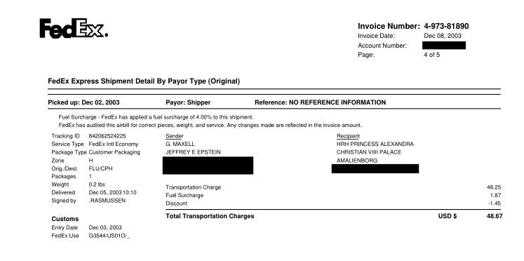 Jeffrey Epstein og Ghislaine Maxwell sendte første gang en pakke i december 2003. Modtagerne er daværende prinsesse Alexandra på Amalienborg, hvor den blev modtaget af en Rasmussen.